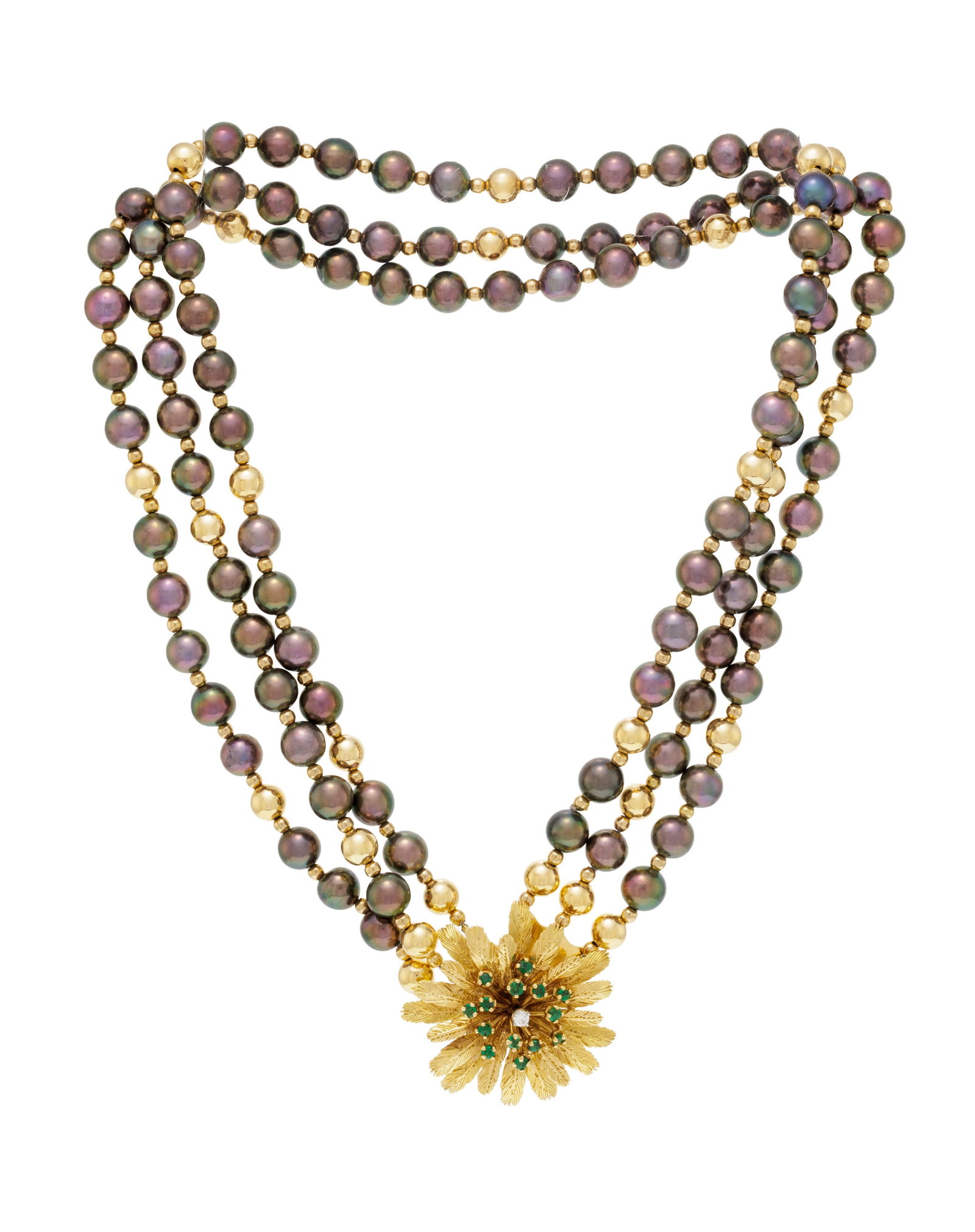 Collier 3 rangs de perles de culture noires alternées de sphères en or 750, fermoir fleur  (1 of 4)