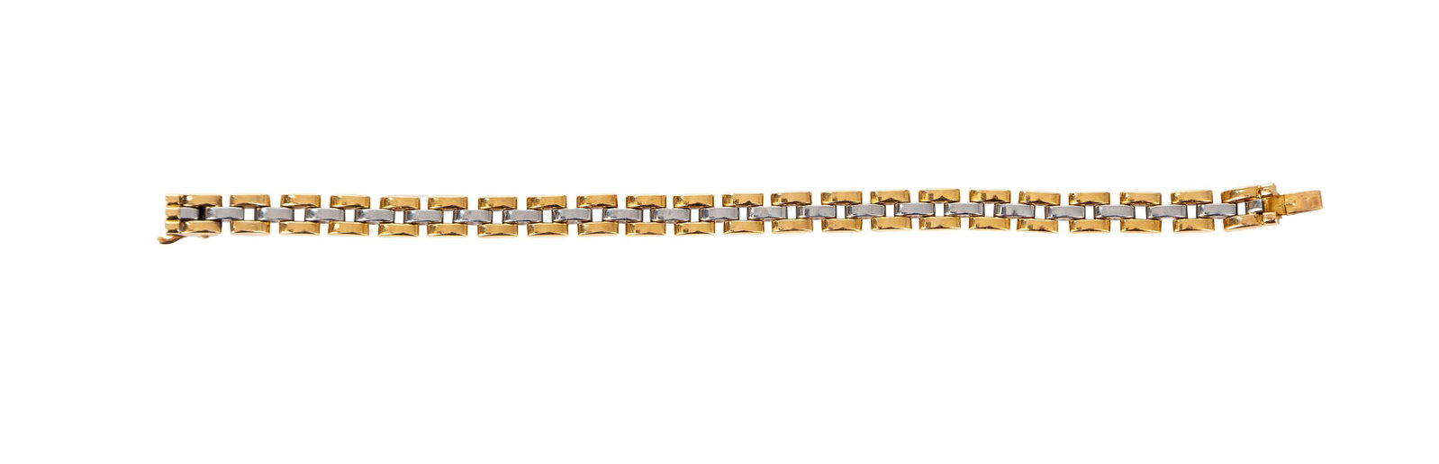Cartier, bracelet 2 ors 750 à maillons rectangulaires, signé, numéroté 954775, l: Cartier, bracelet 2 ors 750 à maillons rectangulaires, signé, numéroté 954775, long. 19.5 cm, 18g (dégât) Condition Mauvais état. Nombreux signes d'usure, traces