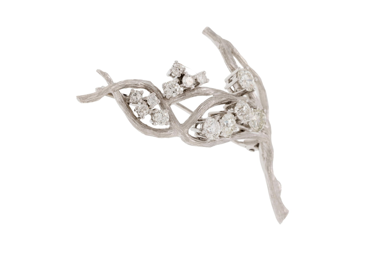 Broche branche or gris 750 texturé effet écorce sertie de diamants taille intermédiai - 2