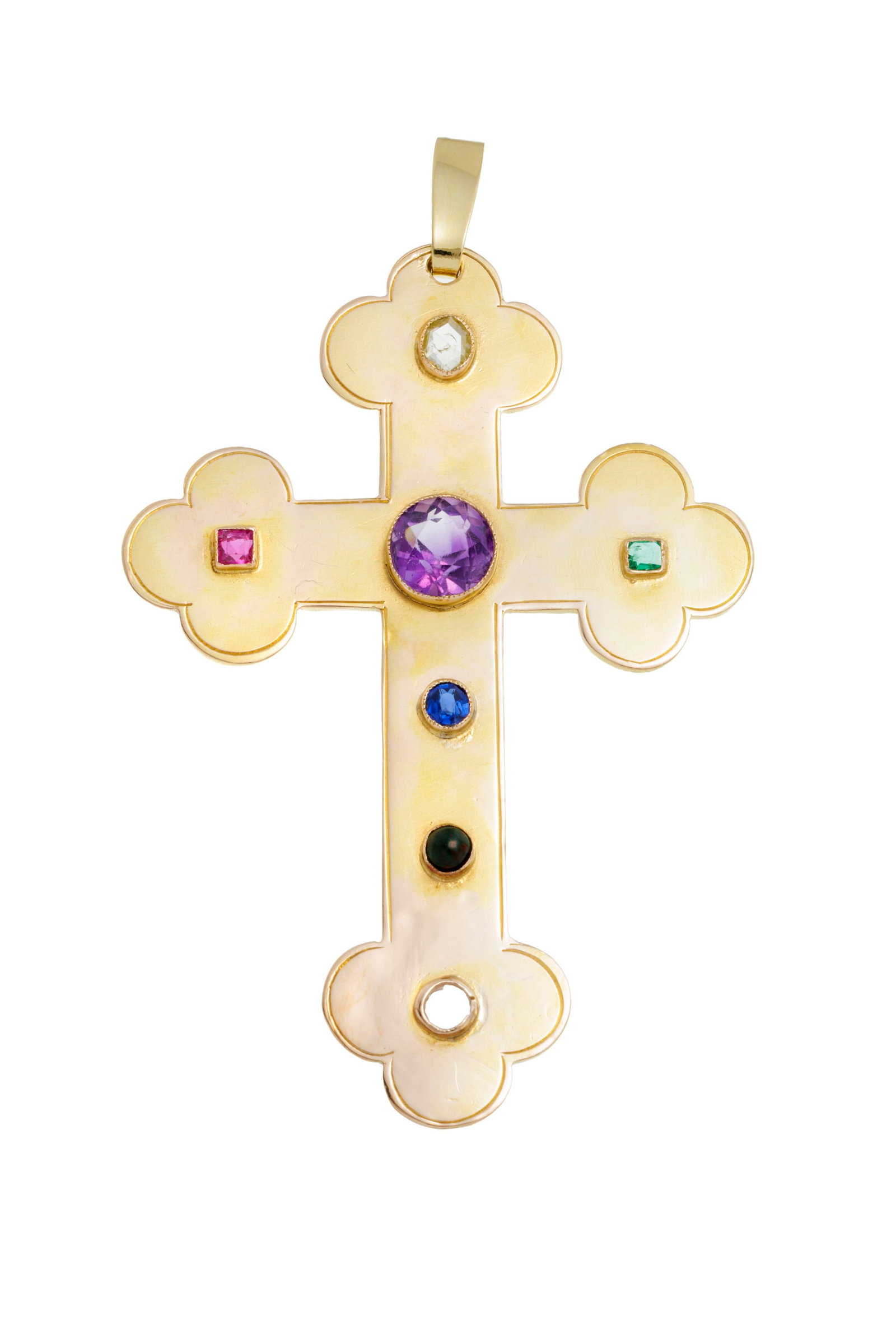 Pendentif croix or 750 serti d'un diamant taille rose, d'une améthyste et d'un saphir taille ro (1 of 4)