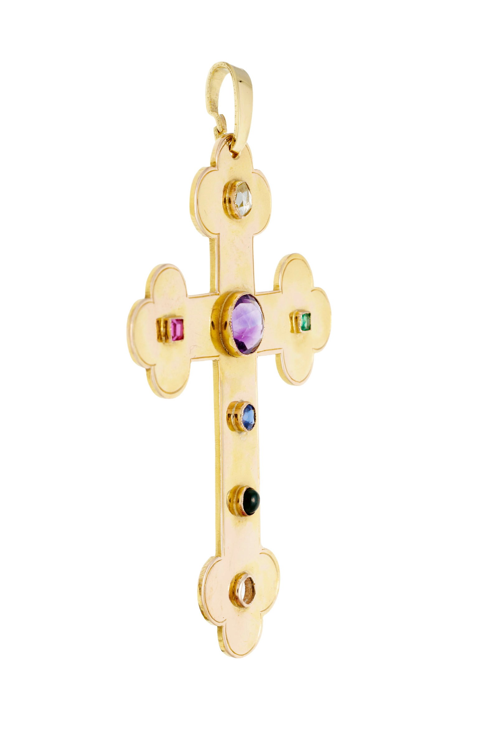 Pendentif croix or 750 serti d'un diamant taille rose, d'une améthyste et d'un saphir taille ro - 2