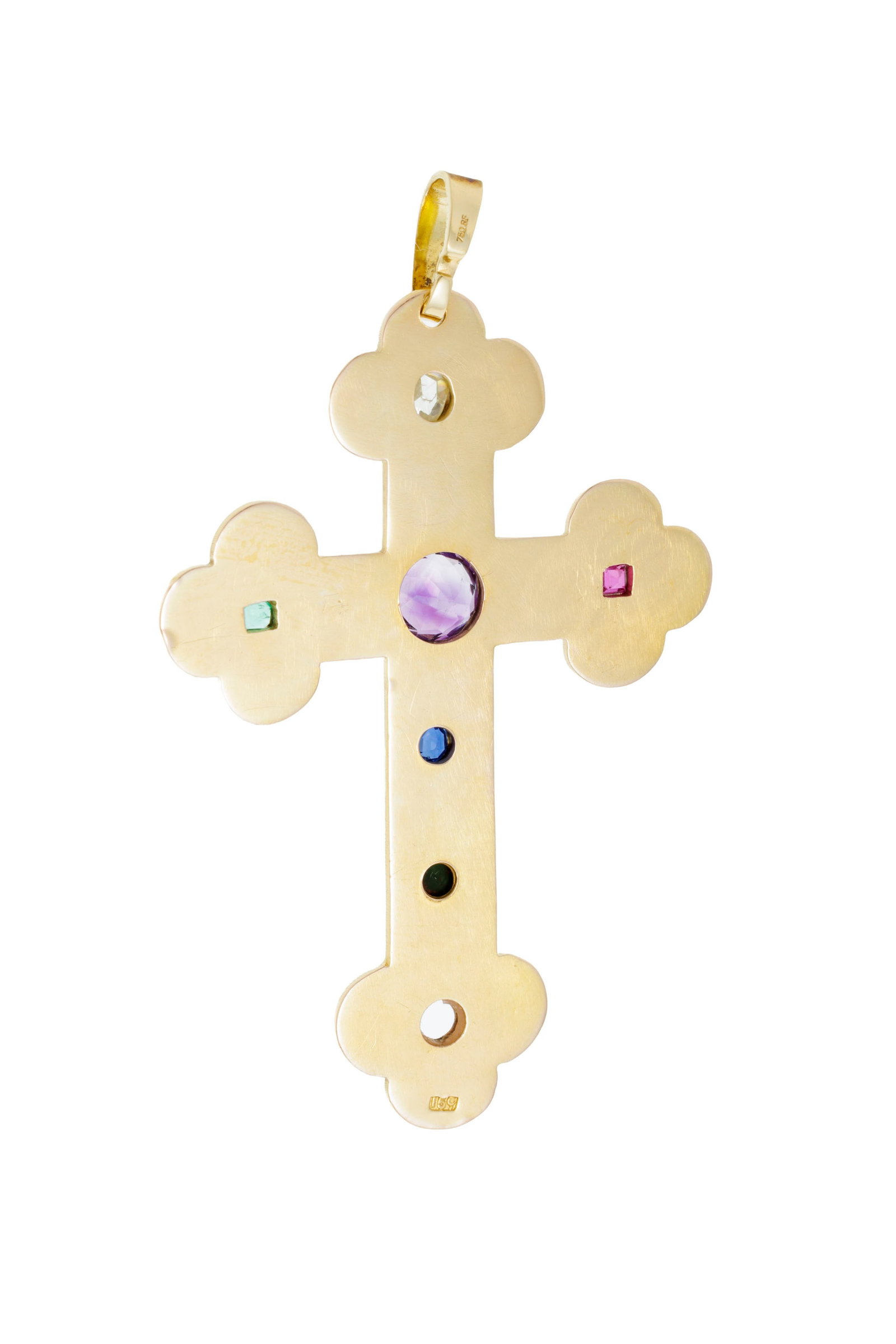 Pendentif croix or 750 serti d'un diamant taille rose, d'une améthyste et d'un saphir taille ro - 3