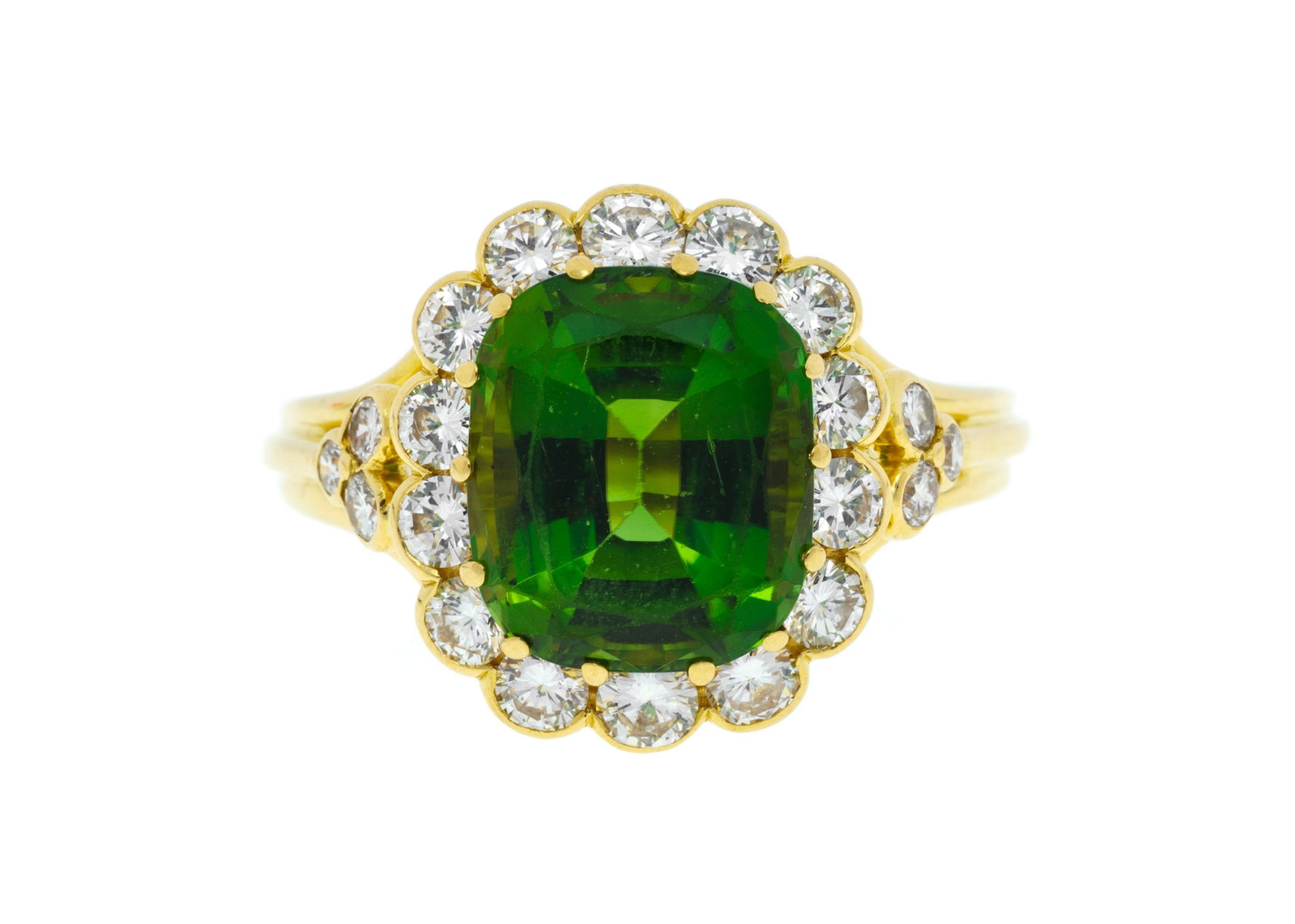 Bague or 750 sertie d'une tourmaline verte taille coussin entourée de diamants taille brillant, (1 of 4)
