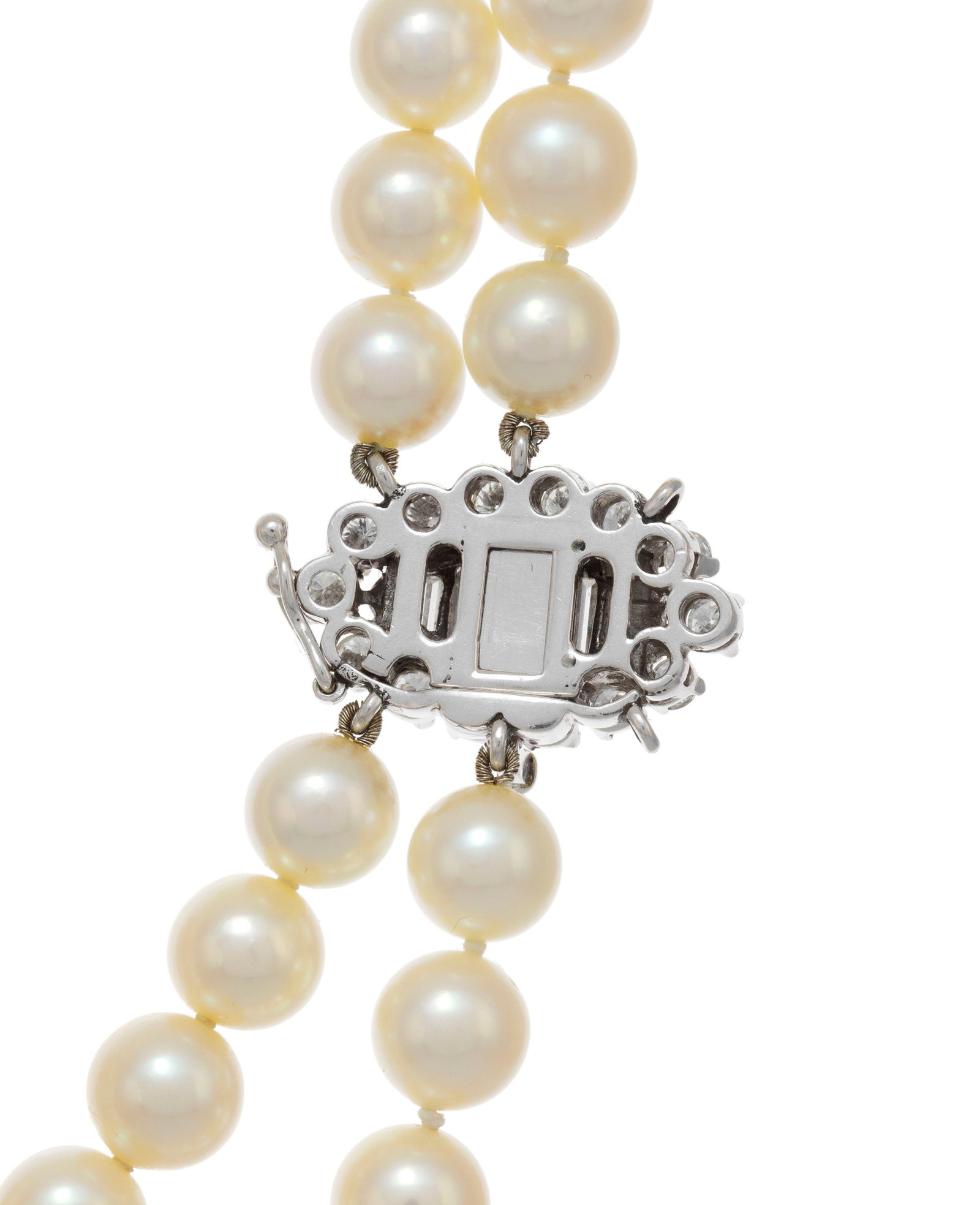 Collier 2 rangs de perles de culture blanches en chute, fermoir or gris 750 serti de diamants taille - 3