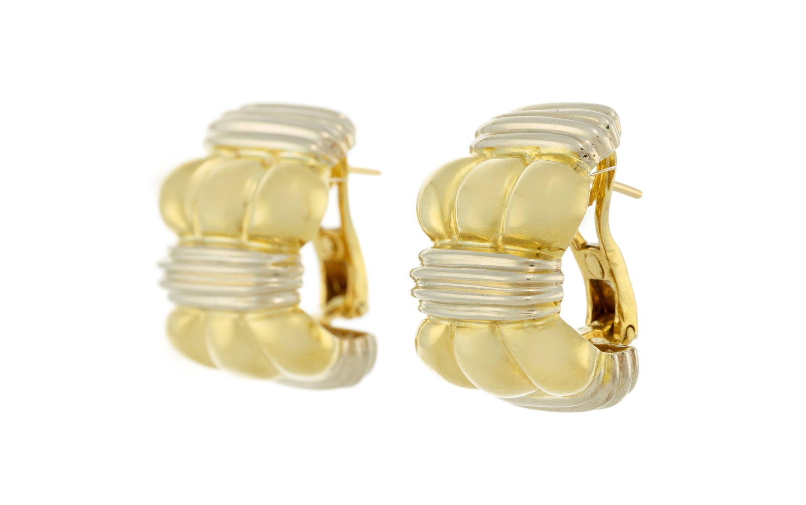 Paire de boucles d'oreilles 2 ors 750 godronnés, h. 2.5 cm, 29g - 2