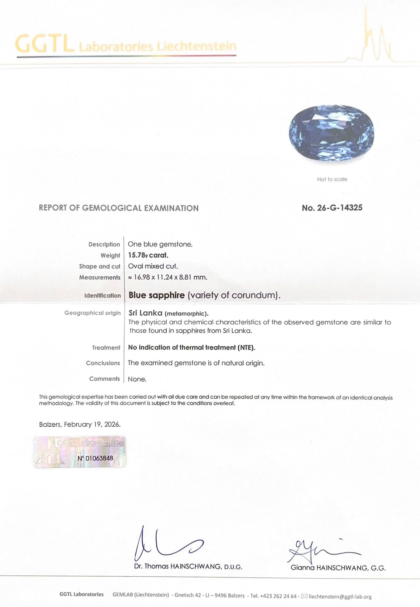 Un saphir taille ovale sur papier de 15.78 carats, Ceylan, non chauffé, selon le rapport GGTL n - 2