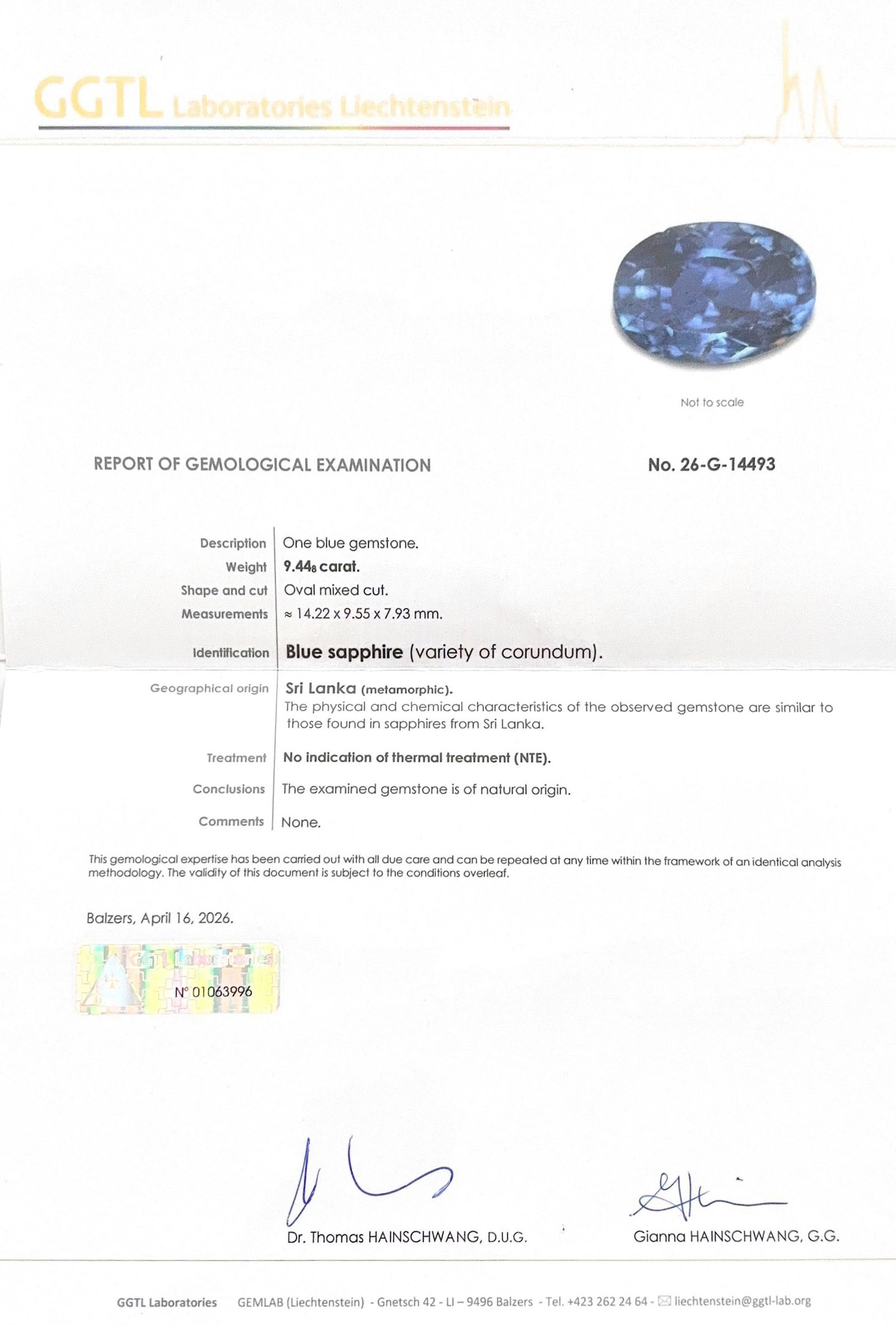 Un saphir taille ovale sur papier de 9.44 carats, Ceylan, non chauffé, selon le rapport GGTL n& - 2