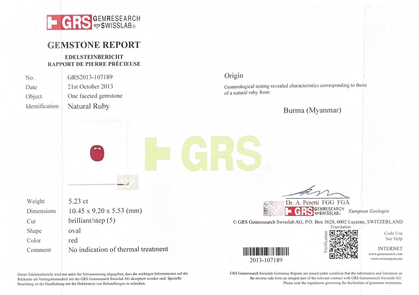 Un rubis taille ovale sur papier de 5.23 carats, Birman, non chauffé, selon le rapport GRS n - 2