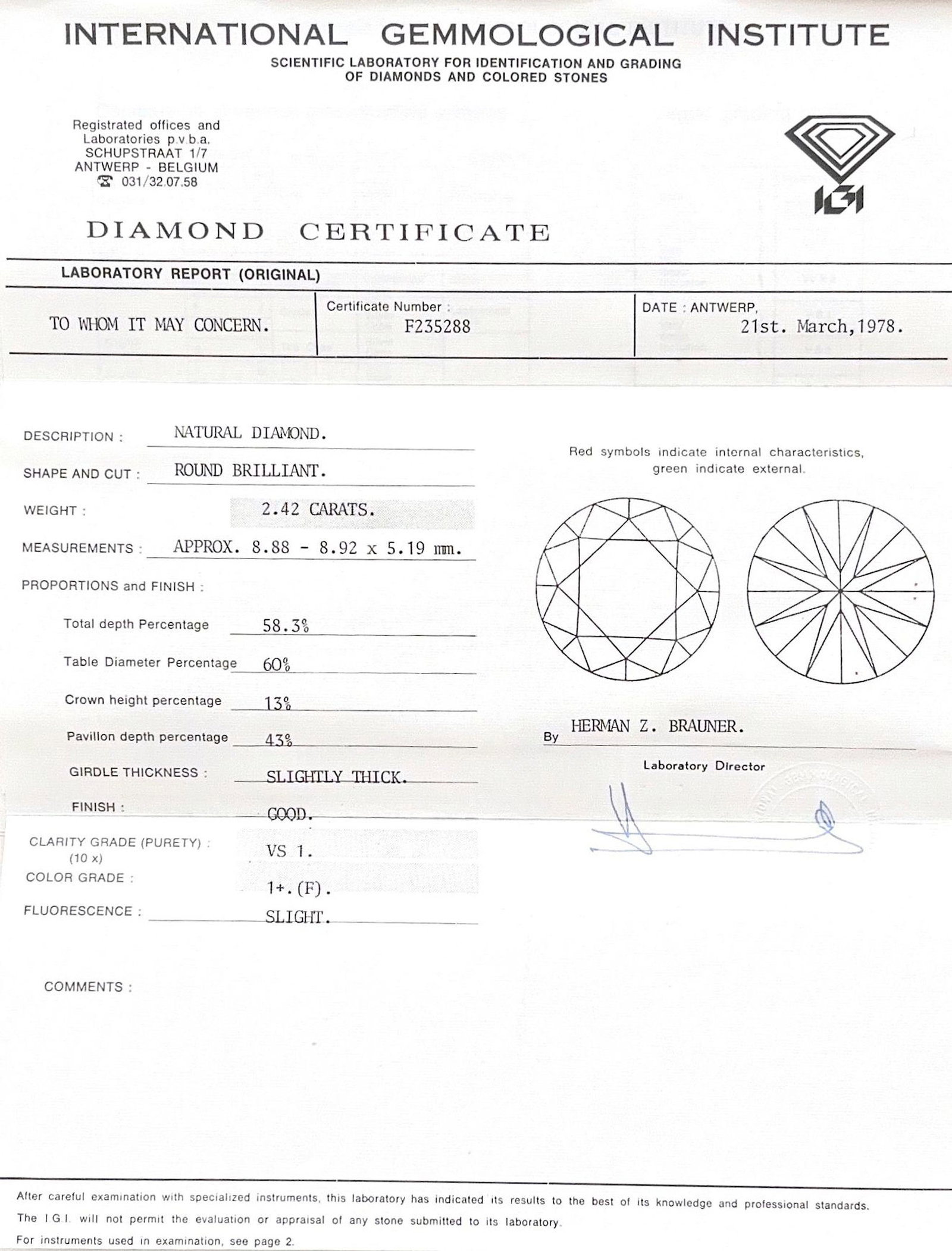 Un diamant taille brillant sur papier de 2.42 carats, VS1, selon le rapport IGI n°F235288 dat&# - 2