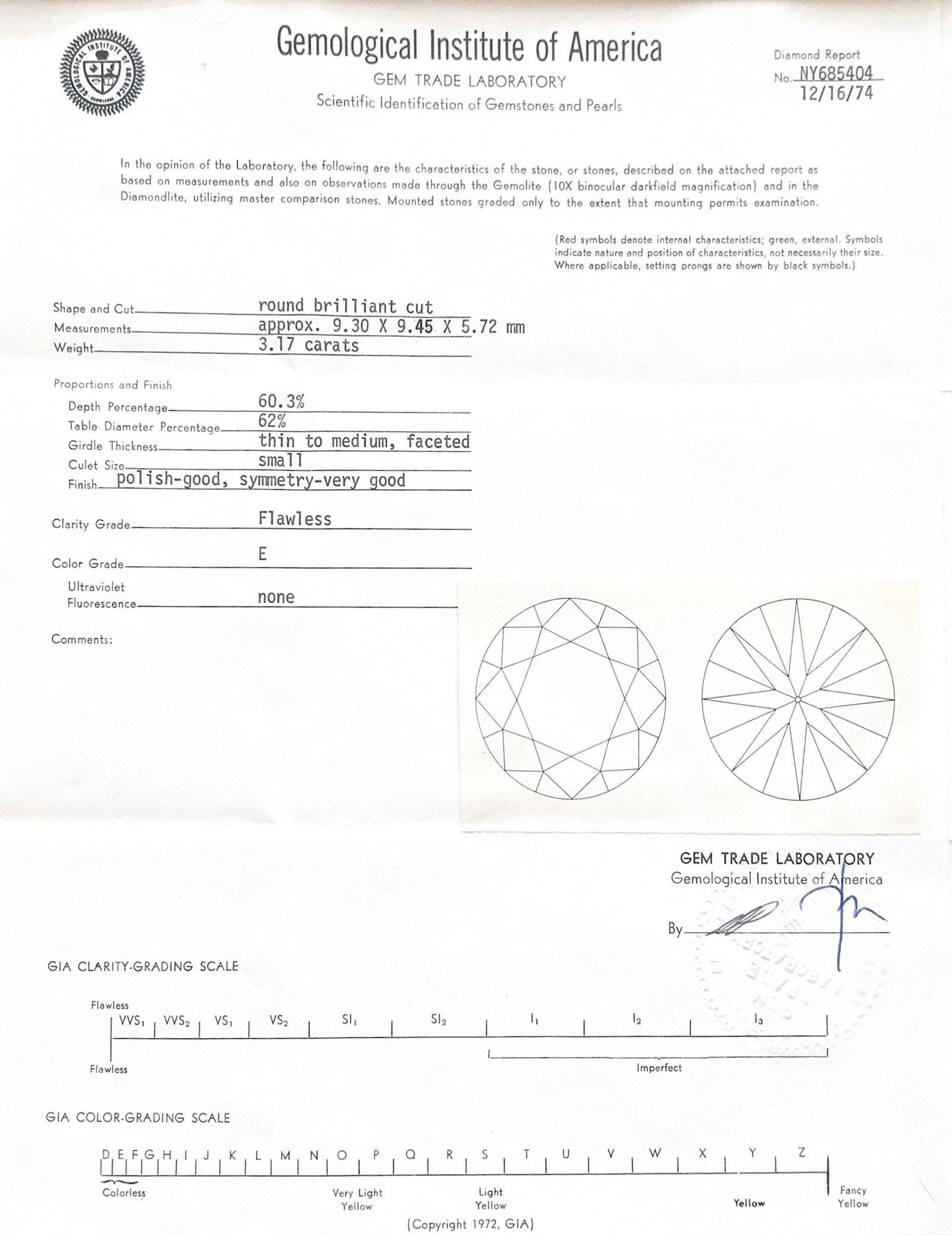Un diamant taille brillant sur papier de 3.17 carats, E, FL selon le rapport GIA n°NY685404 dat - 2