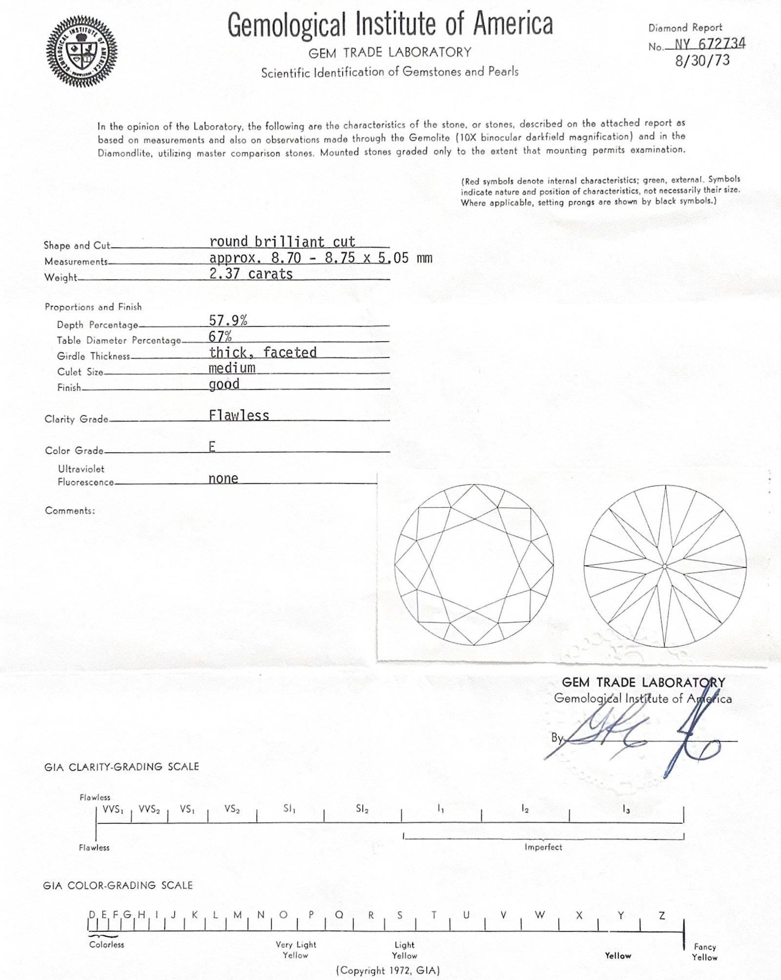 Un diamant taille brillant sur papier de 2.37 carats, E, FL selon le rapport GIA n°NY672734 dat - 2