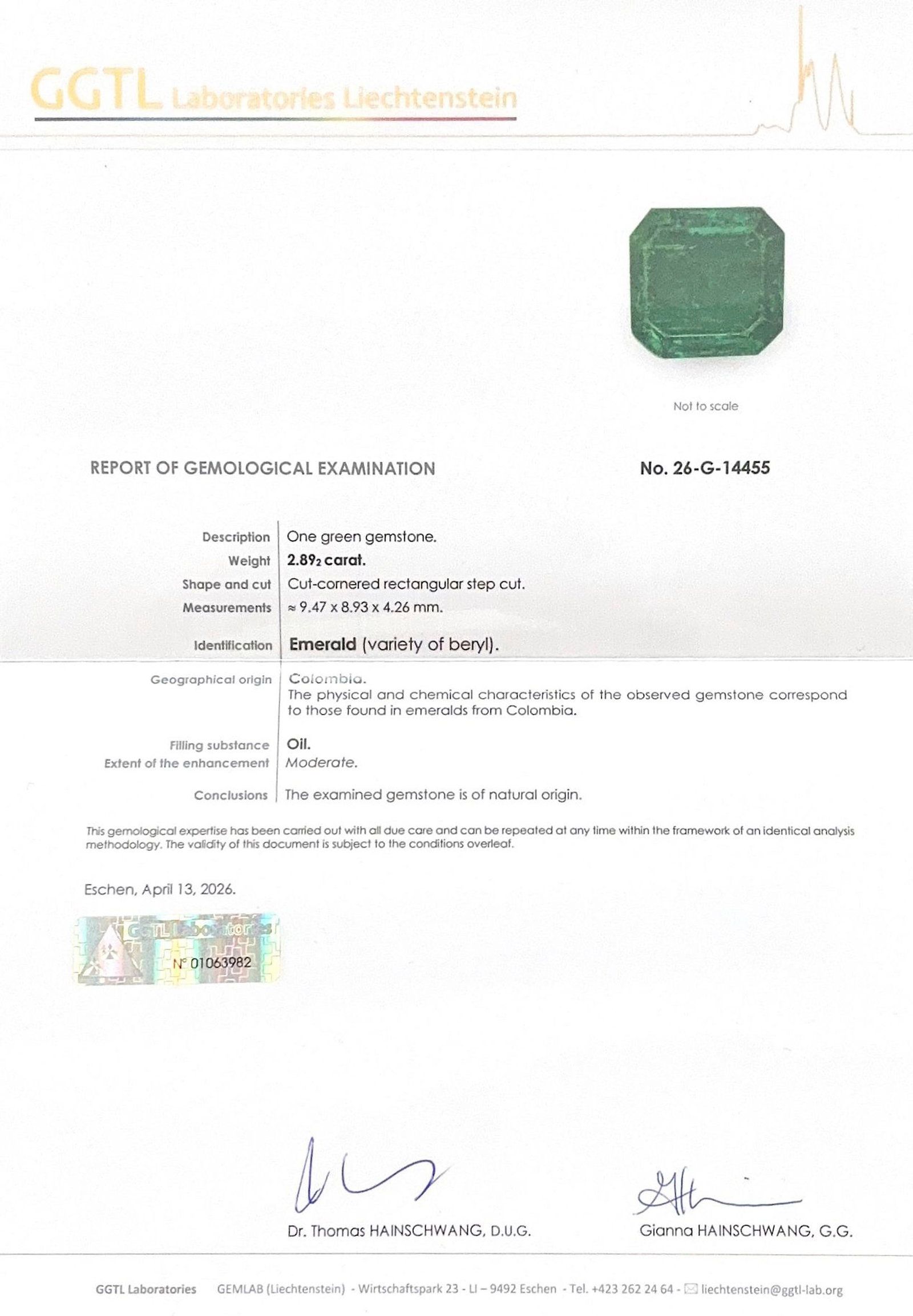 Une émeraude rectangulaire à pans coupés sur papier de 2.89 carats, colombienne, trai - 2