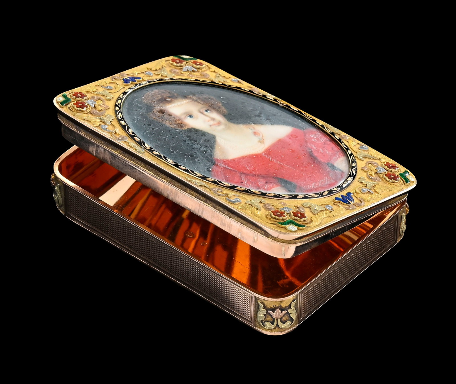 Tabatière 3 ors et émail avec un portrait en miniature, Hanau XIXe s., la miniature d'une (1 of 10)