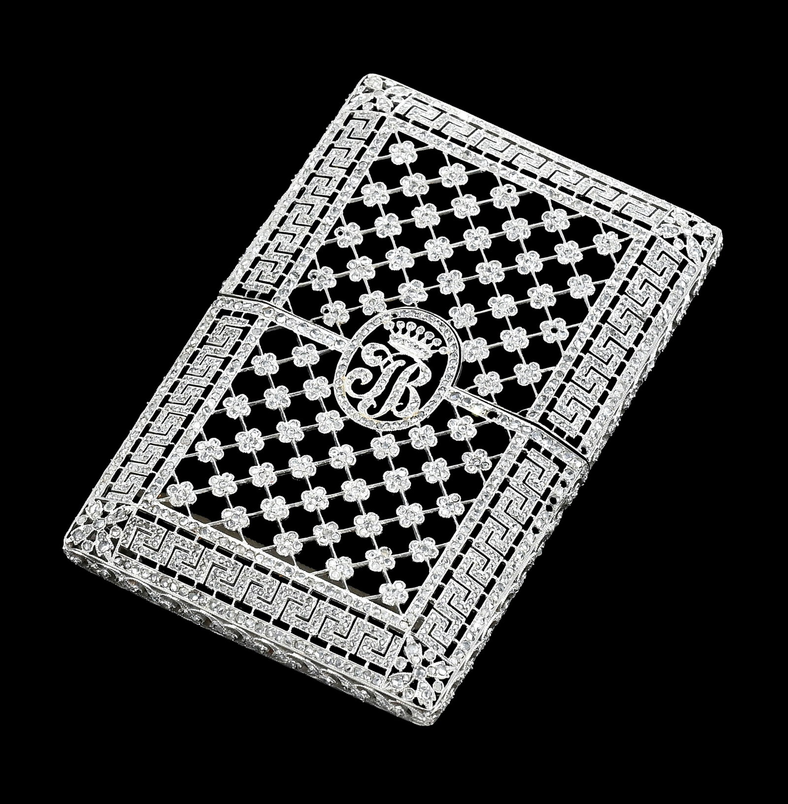 Etui à cigarettes en or et argent ajouré, serti de diamants, début XXe s., travail en treillis de (1 of 5)