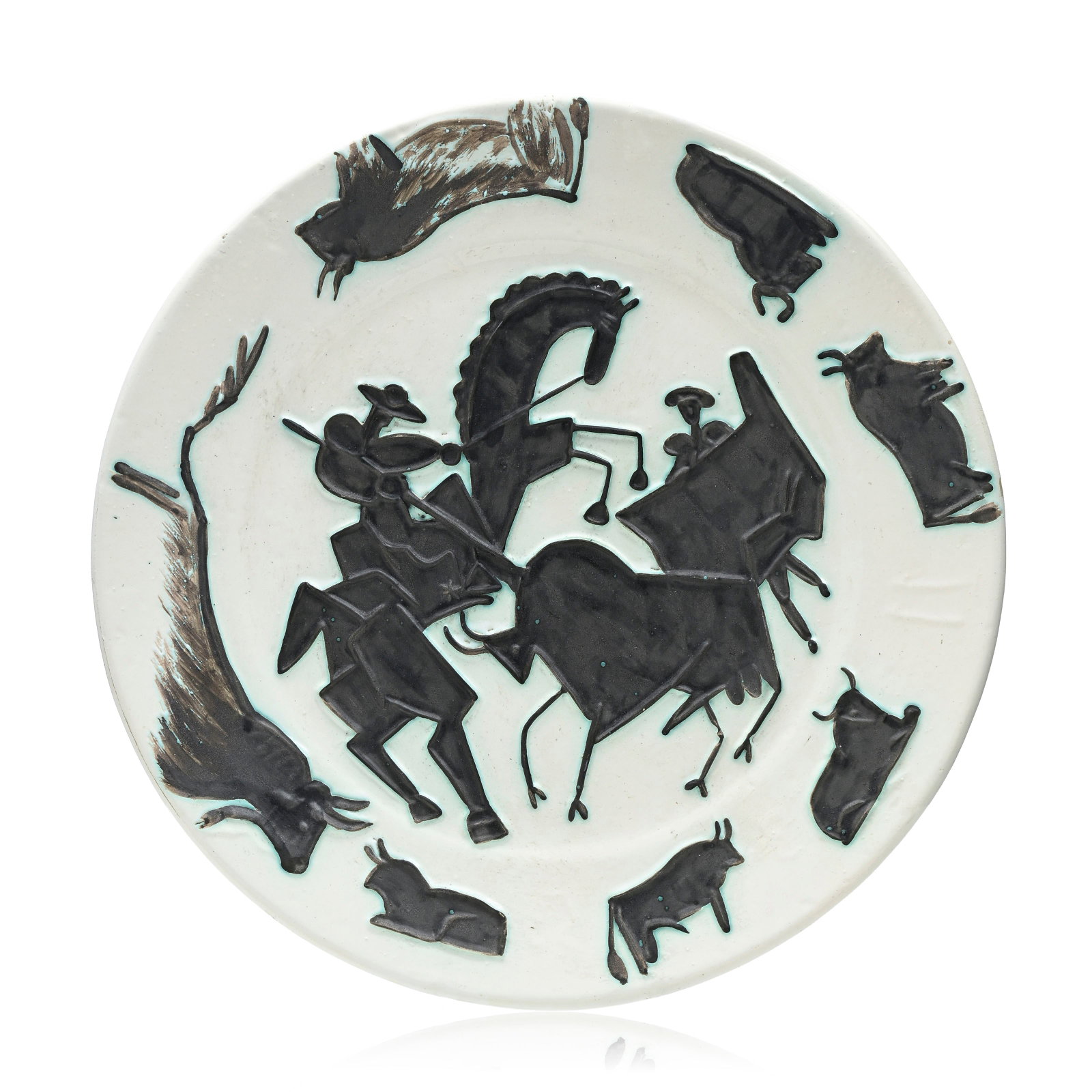 Pablo Picasso (1881-1973), Corrida , 1953, plat circulaire en terre de fa?ence ?maill?e blanc et (1 of 3)