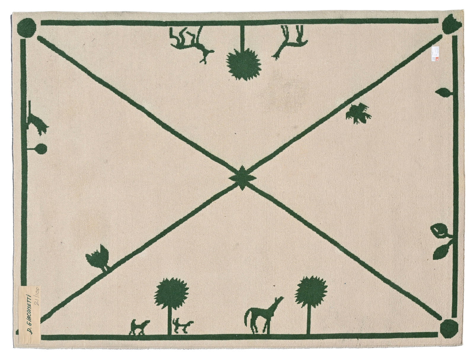 Diego Giacometti (1902-1985), La promenade des amis , 1985, tapis nou?, sign? et num?rot? au dos: Diego Giacometti (1902-1985), La promenade des amis , 1985, tapis en laine tiss?e ? la main, sign? et num?rot? sur l'?tiquette au dos 21/100, mod?le cr?? en 1984, 179x238,7 cm Provenance: Galerie Bail