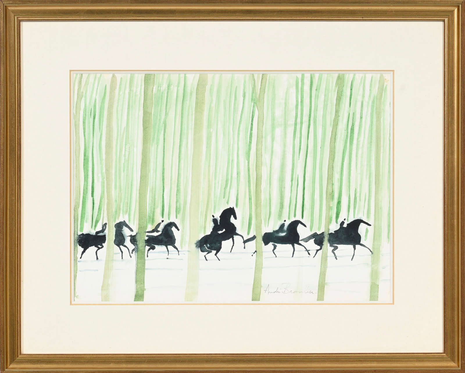 André Brasilier (1929), Chevaux dans la forêt verte, aquarelle sur papier, signée, 31,5x44 cm (1 of 4)