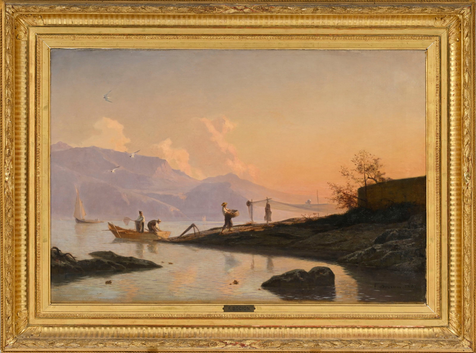 François Bocion (1828-1890), La pose des filets pour la pêche , 1861, huile sur toile, signée et (1 of 6)