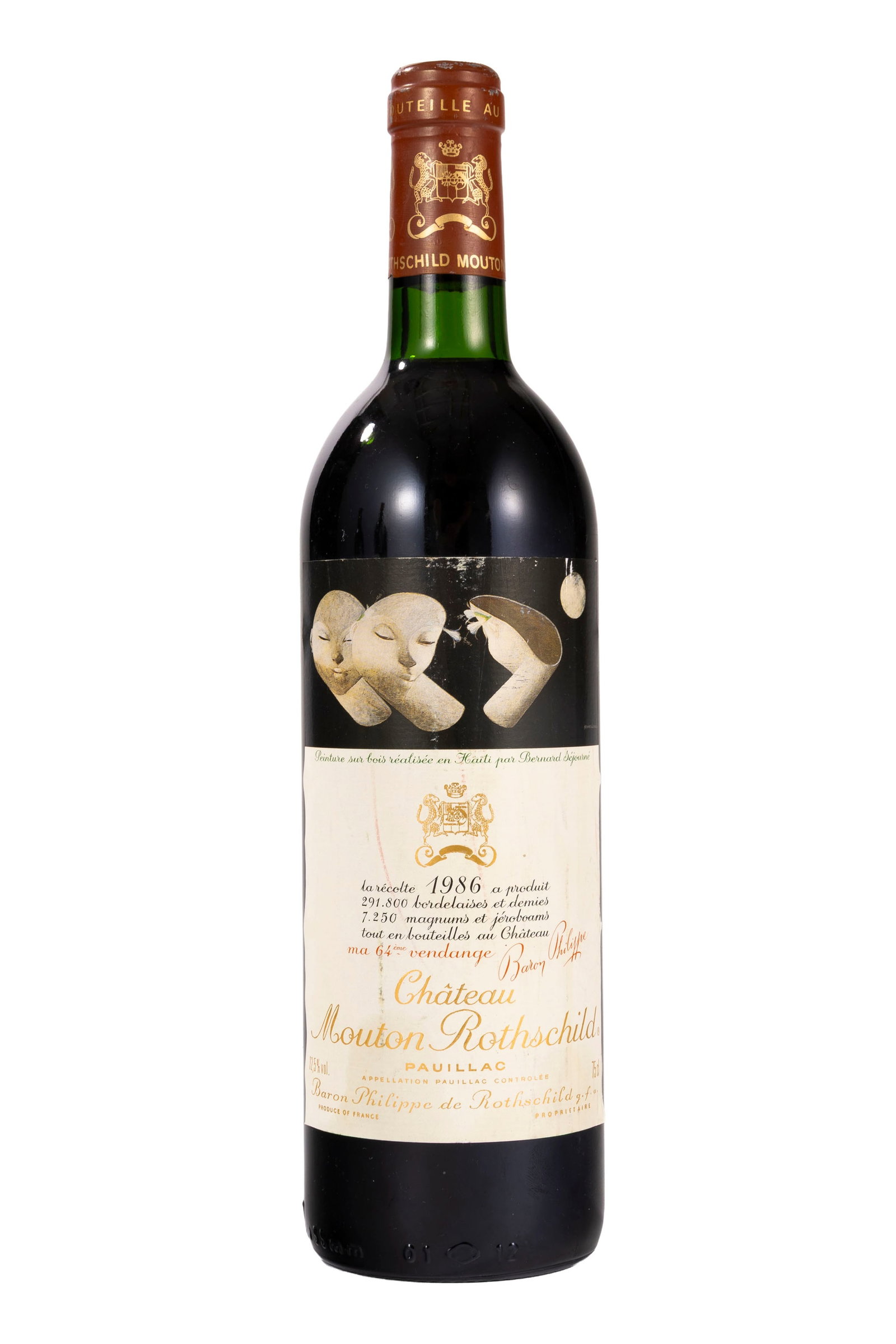 Ch. Mouton Rothschild, 1986, Pauillac, 1er grand cru classé, 1 bt.: Ch. Mouton Rothschild, 1986, Pauillac, 1er grand cru classé, 1 bt. Condition décollements, rayures et taches sur l'étiquette niveau très légèrement bas