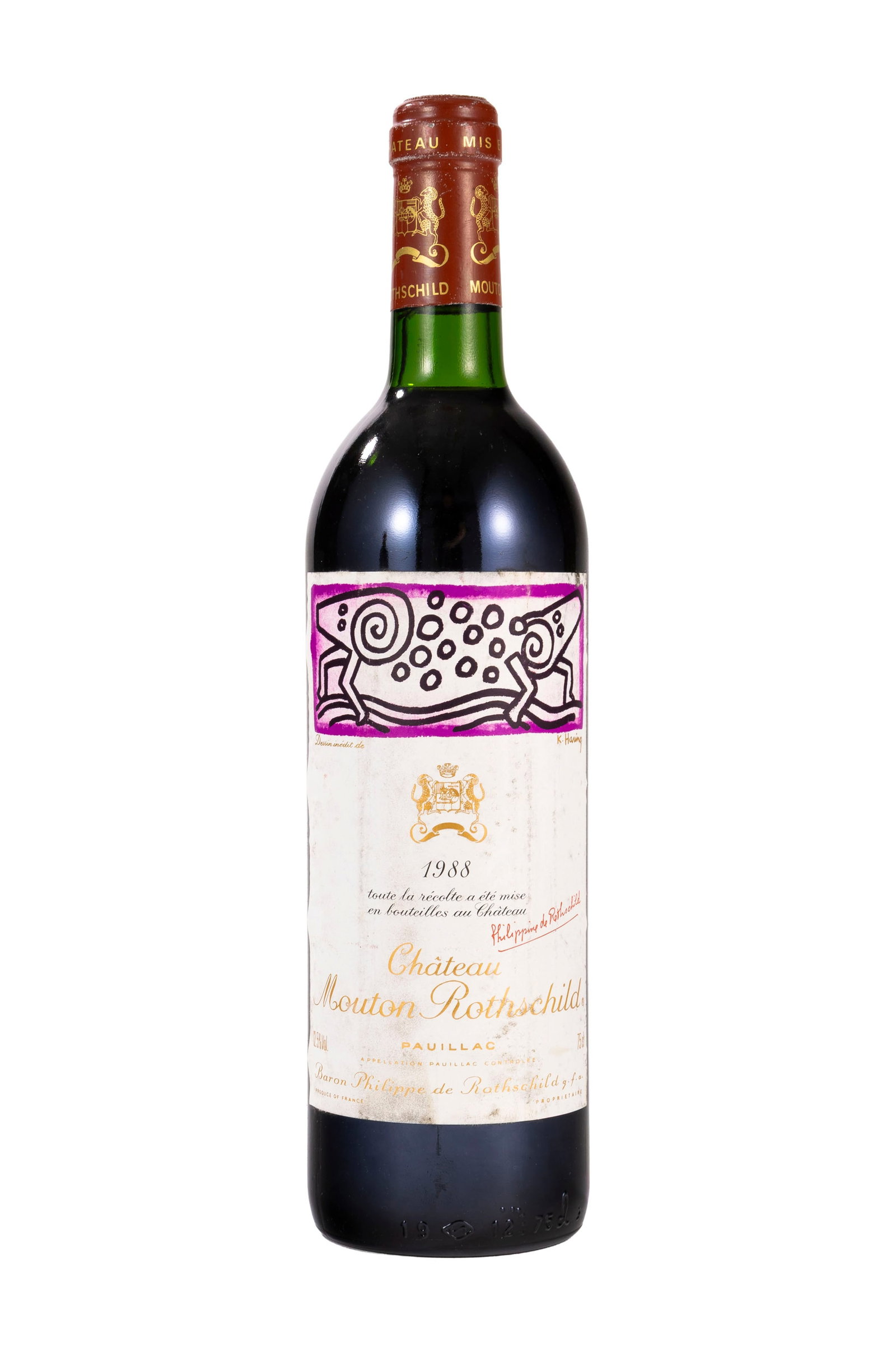 Ch. Mouton Rothschild, 1988, Pauillac, 1er grand cru classé, 1 bt.: Ch. Mouton Rothschild, 1988, Pauillac, 1er grand cru classé, 1 bt. Condition décollements et taches sur l'étiquettes usures sur la capsule niveau bas goulot