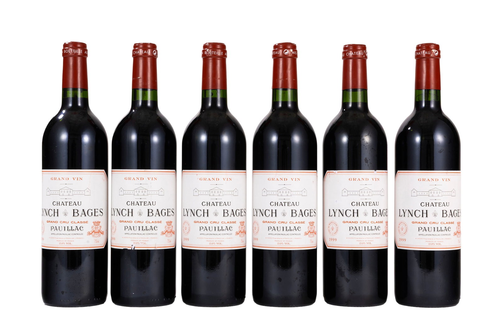 Ch. Lynch-Bages, 1999, Pauillac, 5ème grand cru classé, 6 bts: Ch. Lynch-Bages, 1999, Pauillac, 5ème grand cru classé, 6 bts Condition manques sur une étiquettes rayures et marques sur les étiquettes niveau bas goulot