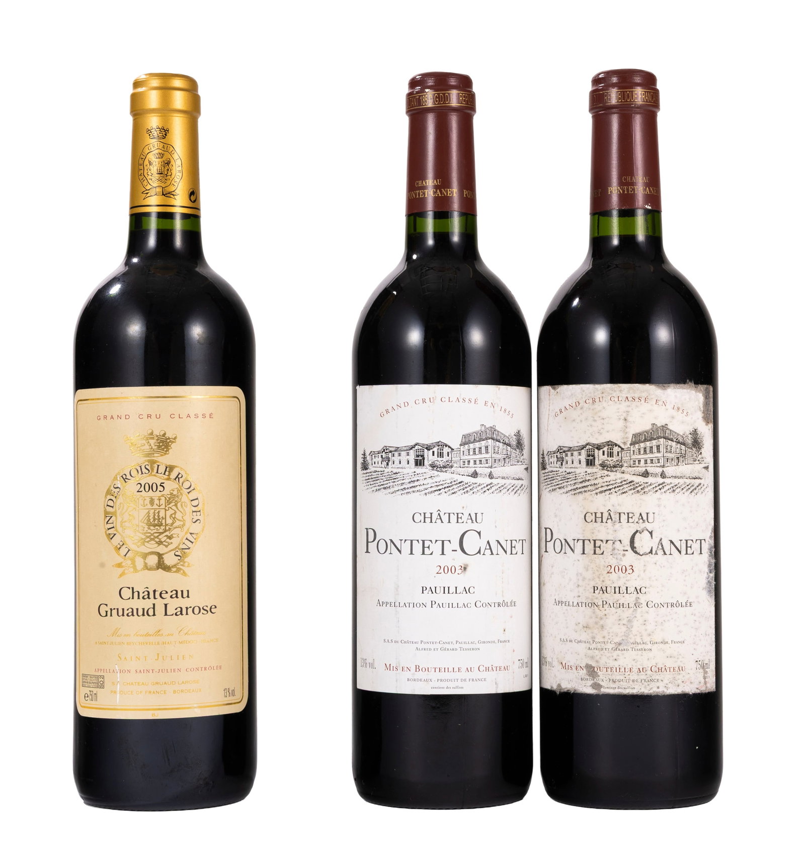 Ch. Pontet Canet, 2003, Pauillac, 5ème grand cru classé, 2 bts Ch. Gruaud Larose, 2005, : Ch. Pontet Canet, 2003, Pauillac, 5ème grand cru classé, 2 bts Ch. Gruaud Larose, 2005, Saint-Julien, 2ème grand cru classé, 1 bt. Condition une étiquette