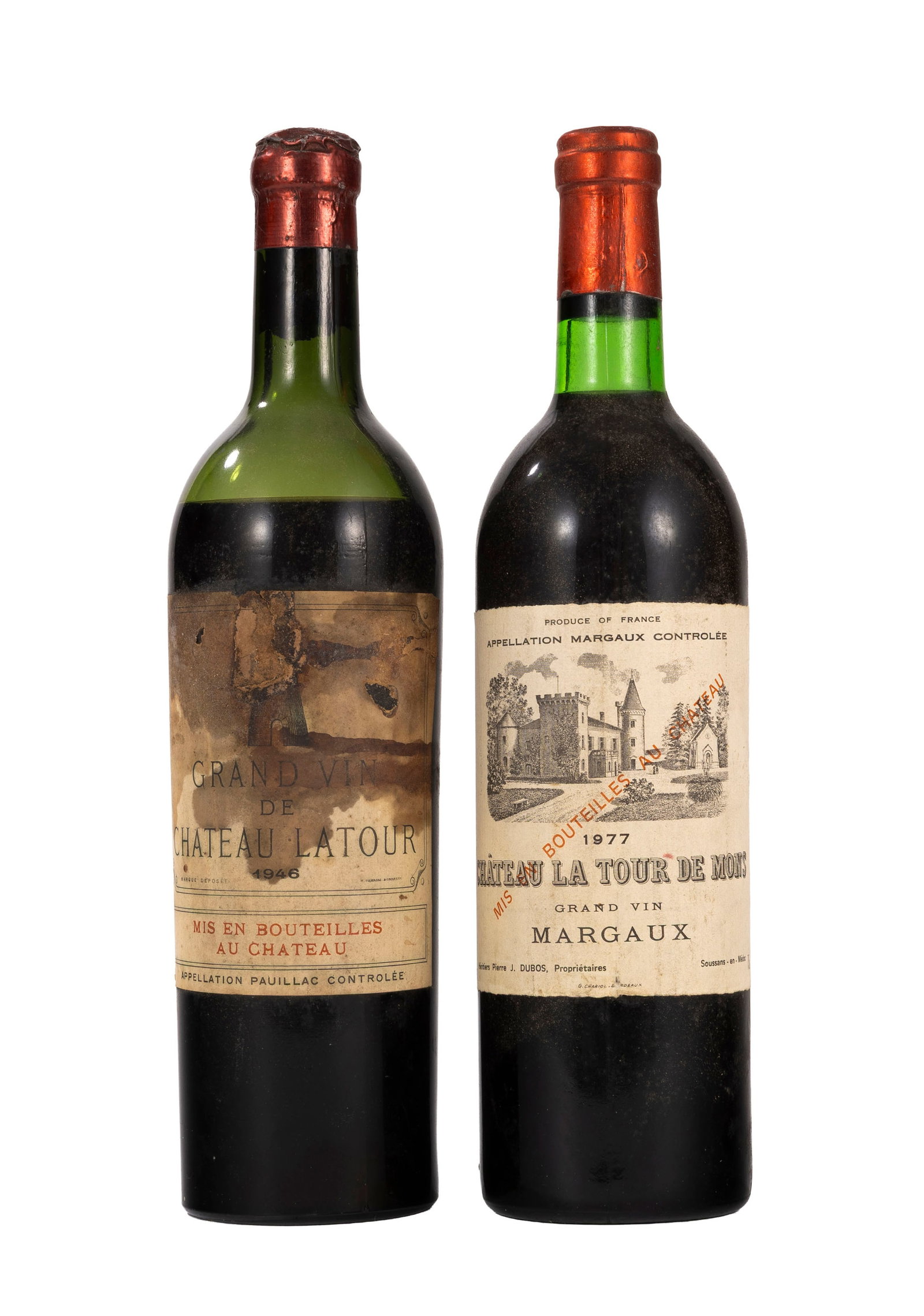 Ch. Latour, 1946, Pauillac, 1er grand cru classé, 1 bt. On joint: Ch. La Tour de Mons, 197: Ch. Latour, 1946, Pauillac, 1er grand cru classé, 1 bt. On joint: Ch. La Tour de Mons, 1977, Margaux, 1 bt. Condition niveau > bas épaule