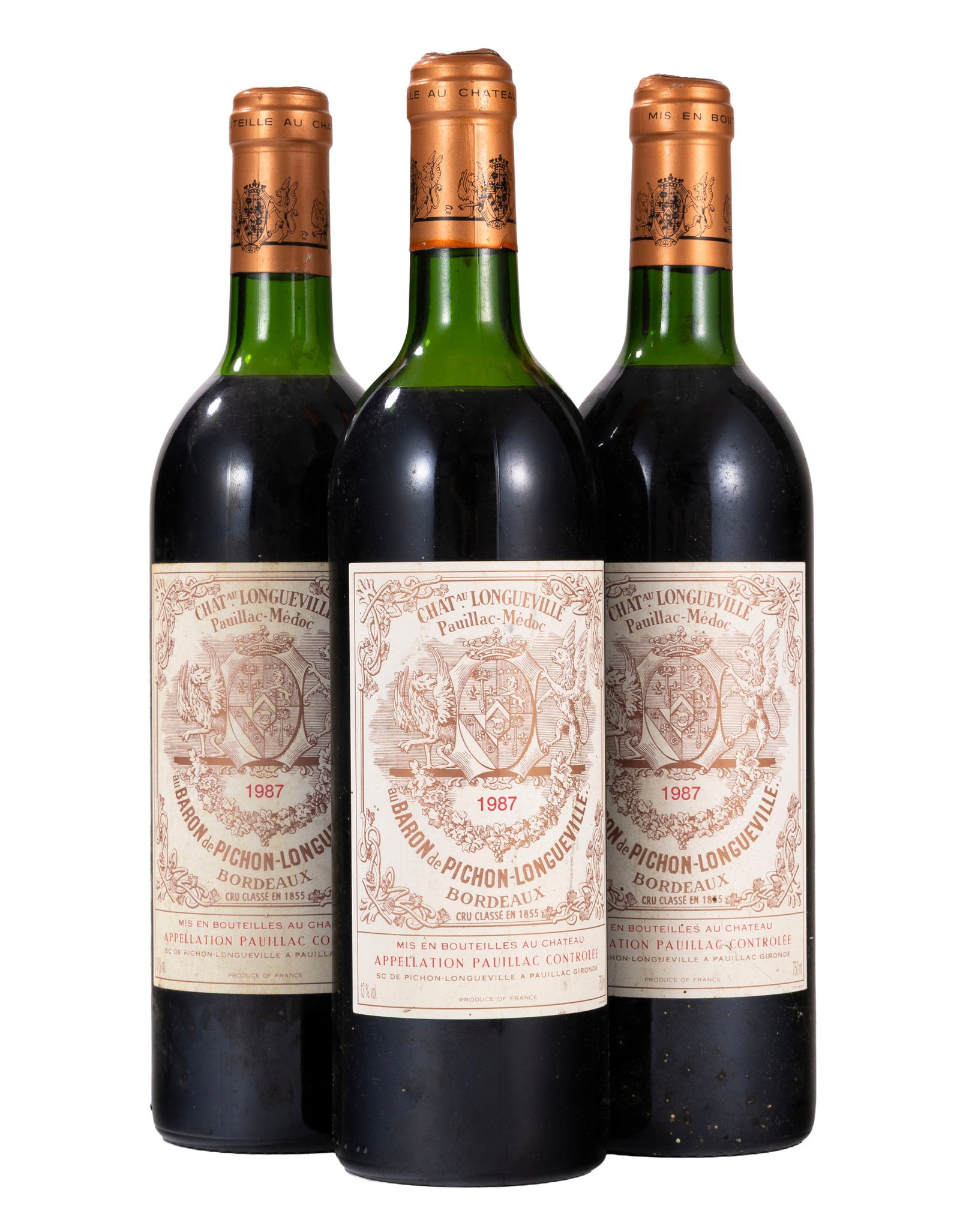 Ch. Pichon Baron de Longueville, 1987, Pauillac, 2ème grand cru classé, 3 bts: Ch. Pichon Baron de Longueville, 1987, Pauillac, 2ème grand cru classé, 3 bts Condition niveau mi-épaule et bas épaule étiquettes fanées