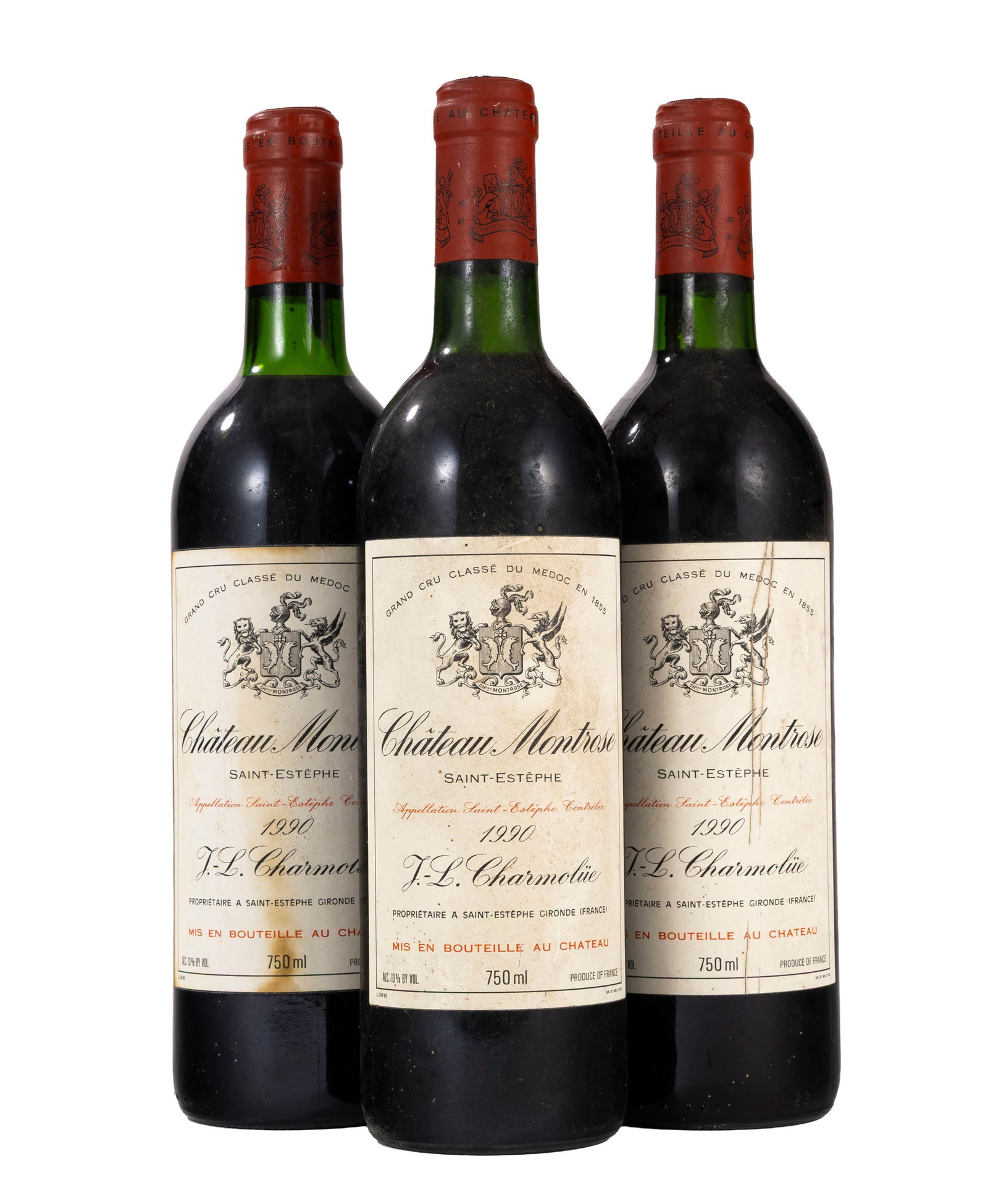Ch. Montrose, 1990, Saint-Estèphe, 2ème grand cru classé, 3 bts: Ch. Montrose, 1990, Saint-Estèphe, 2ème grand cru classé, 3 bts Condition niveau très légèrement bas et mi-épaule griffures et taches sur les étiquettes