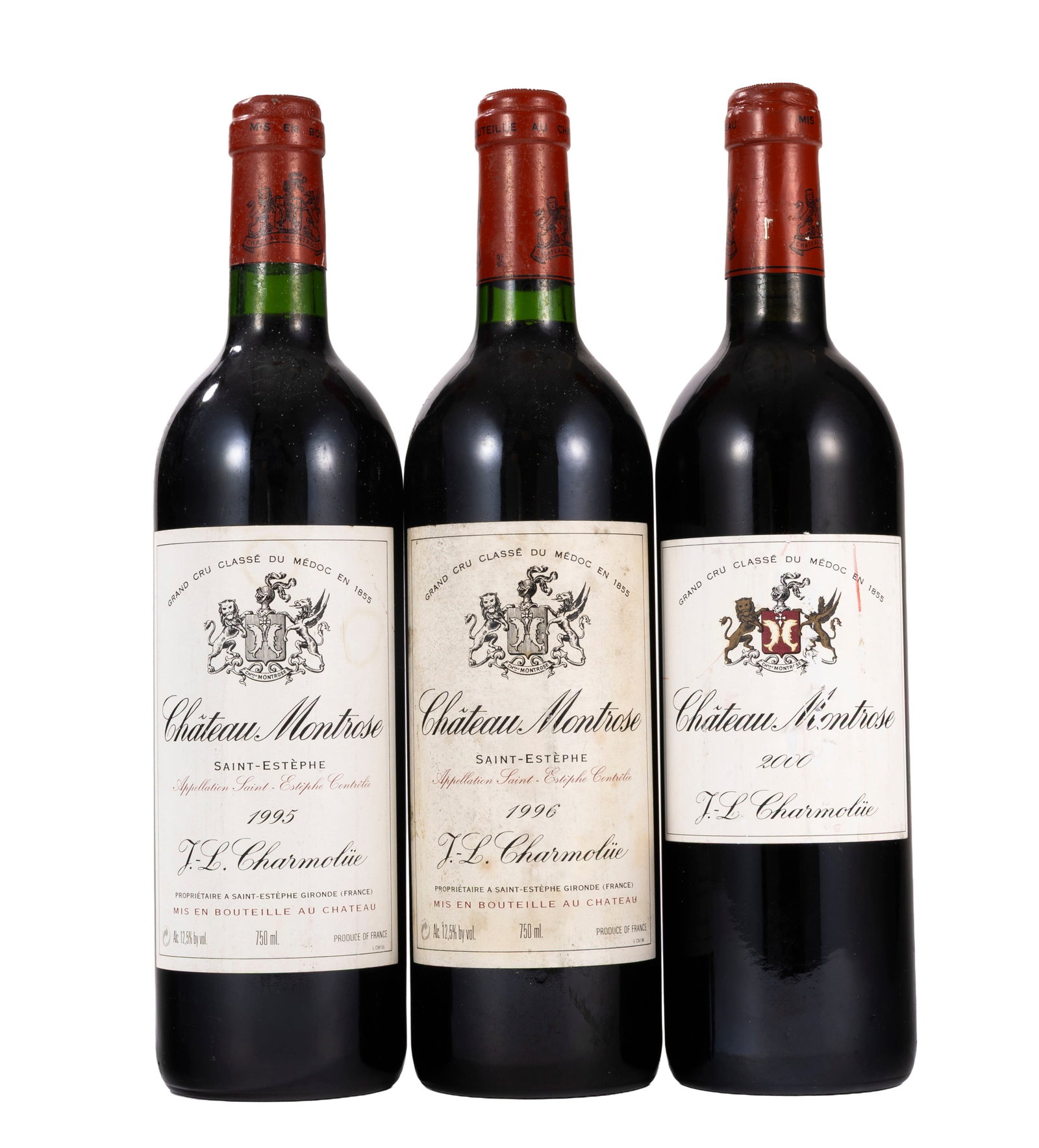 Ch. Montrose, 1995, 1996, 2000, Saint-Estèphe, 2ème grand cru classé, 3 bts: Ch. Montrose, 1995, 1996, 2000, Saint-Estèphe, 2ème grand cru classé, 3 bts Condition griffures et marques sur les étiquettes niveau bas goulot
