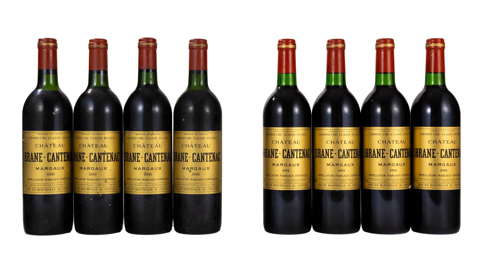 Ch. Brane-Cantenac, 1986, 1994, Margaux, 2ème grand cru classé, 8 bts 1986: 4 bts 1994: Ch. Brane-Cantenac, 1986, 1994, Margaux, 2ème grand cru classé, 8 bts 1986: 4 bts 1994: 4 bts Condition niveau très légèrement bas et mi-épaule griffures et