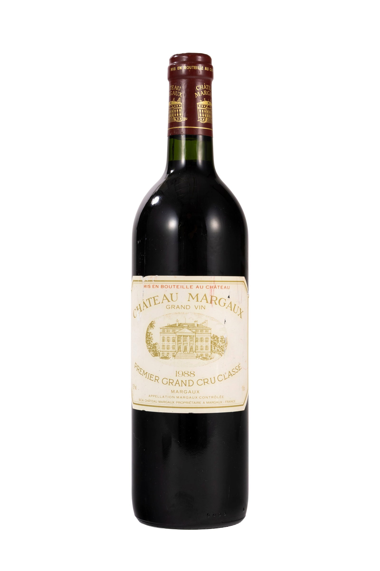 Ch. Margaux, 1988, Margaux, 1er grand cru classé, 1 bt.: Ch. Margaux, 1988, Margaux, 1er grand cru classé, 1 bt. Condition accrocs, marques et taches sur l'étiquette niveau bas goulot