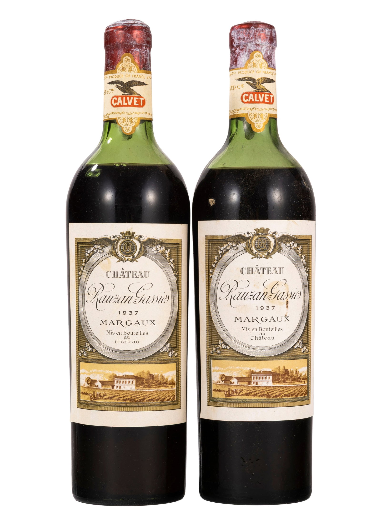 Ch. Rauzan-Gassies, 1937, Margaux, 2ème grand cru classé, 2 bts: Ch. Rauzan-Gassies, 1937, Margaux, 2ème grand cru classé, 2 bts Condition niveau bas épaule