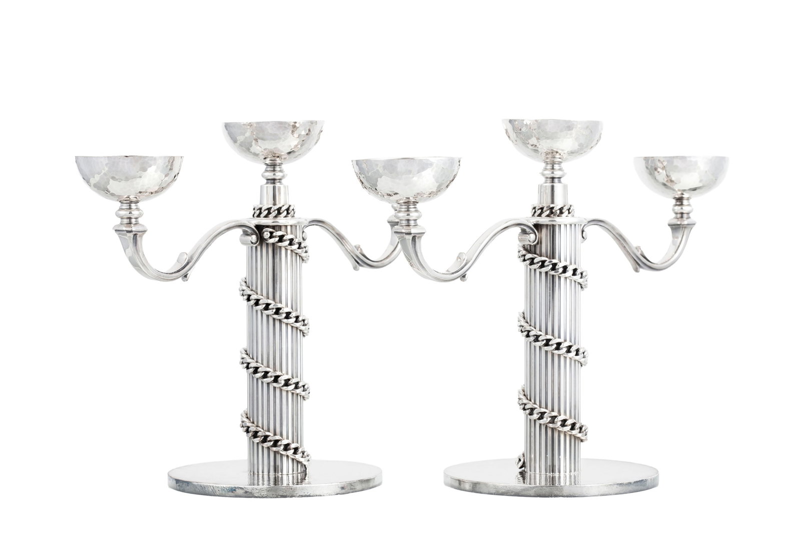 Jean Després (1889-1980). Paire de candélabres à 3 feux en métal argenté, c (1 of 6)
