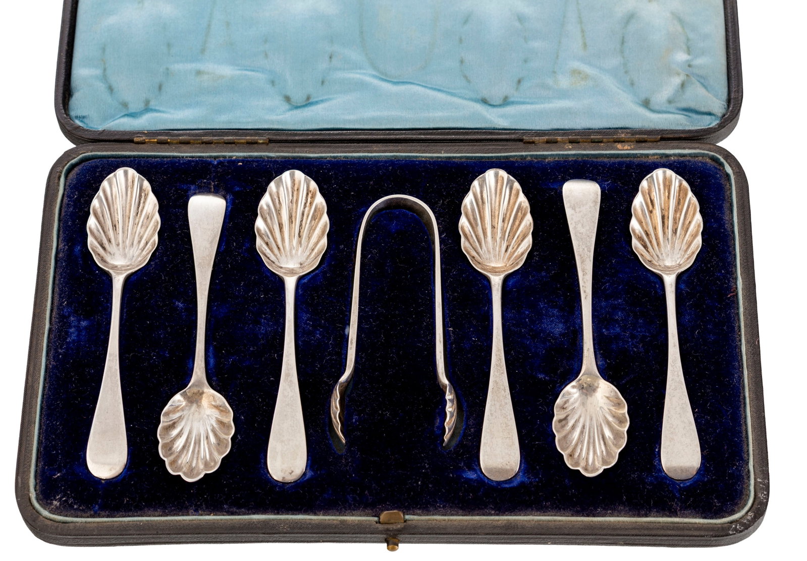 Suite de 6 cuillers et 1 pince à sucre en argent, par West & Son, Londres, 1902 et 1905, en for - 2