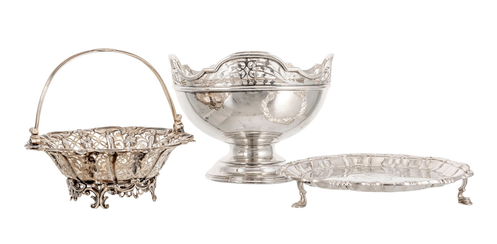 Ensemble d'1 petit panier, 1 présentoir tripode et 1 coupe sur piédouche en argent, Londre (1 of 6)