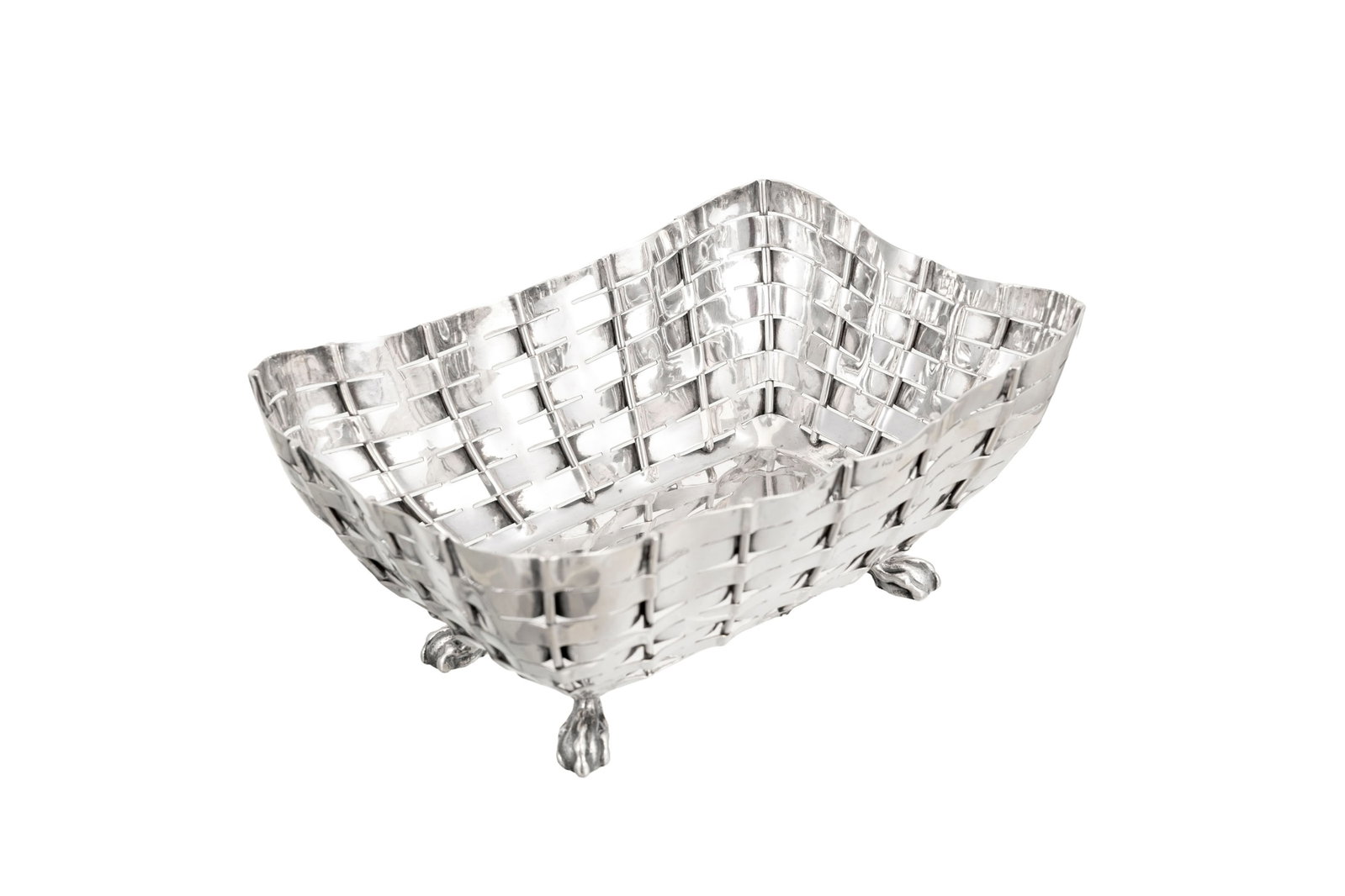 Coupe rectangulaire quadripode en argent, S Glass, Birmingham, 1904, effet tressé, long. 24 cm, - 2
