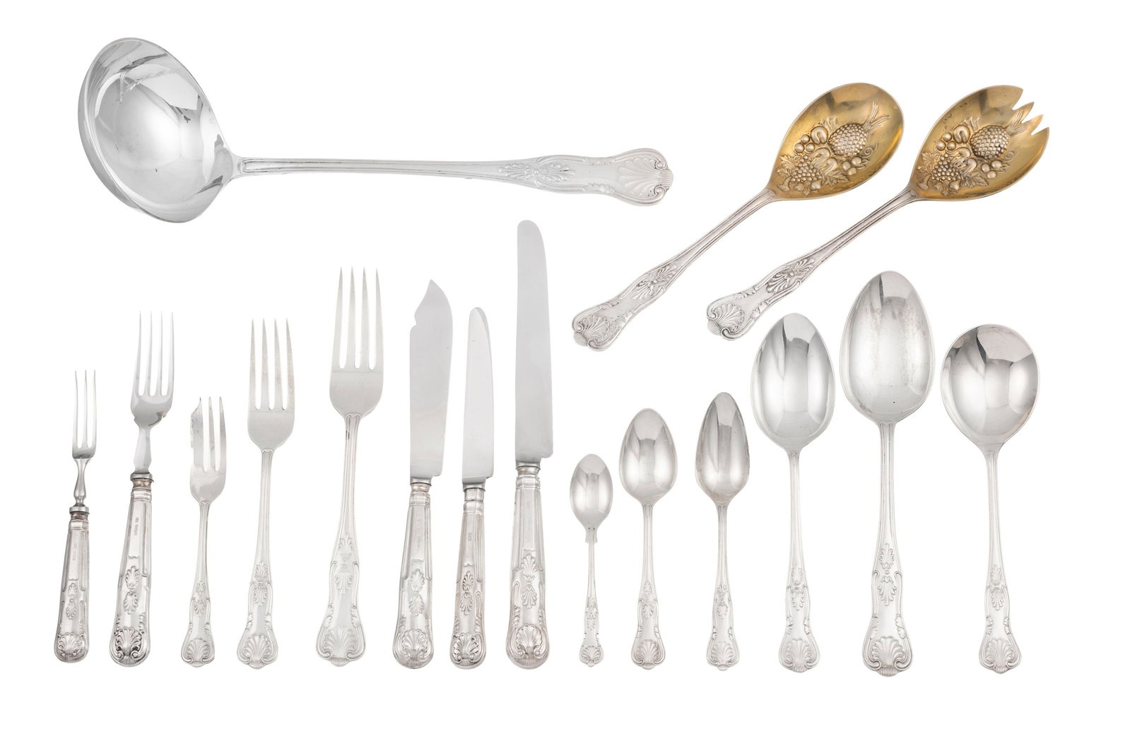 Ménagère en argent Sterling, par Viners, Sheffield, 1967, modèle Queen Pattern, compr: Ménagère en argent Sterling, par Viners, Sheffield, 1967, modèle Queen Pattern, comprenant 181 pièces: 12 fourchettes,12 couteaux et 6 cuillers de table, 12 cuillers à
