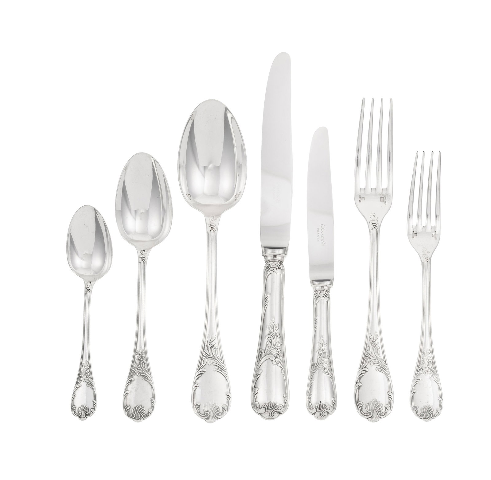 Christofle. Ménagère en métal argenté, modèle Marly, comprenant 95 piè: Christofle. Ménagère en métal argenté, modèle Marly, comprenant 95 pièces: 12 fourchettes, 11 couteaux et 12 cuillers de table, 12 fourchettes, 12 couteaux et 12