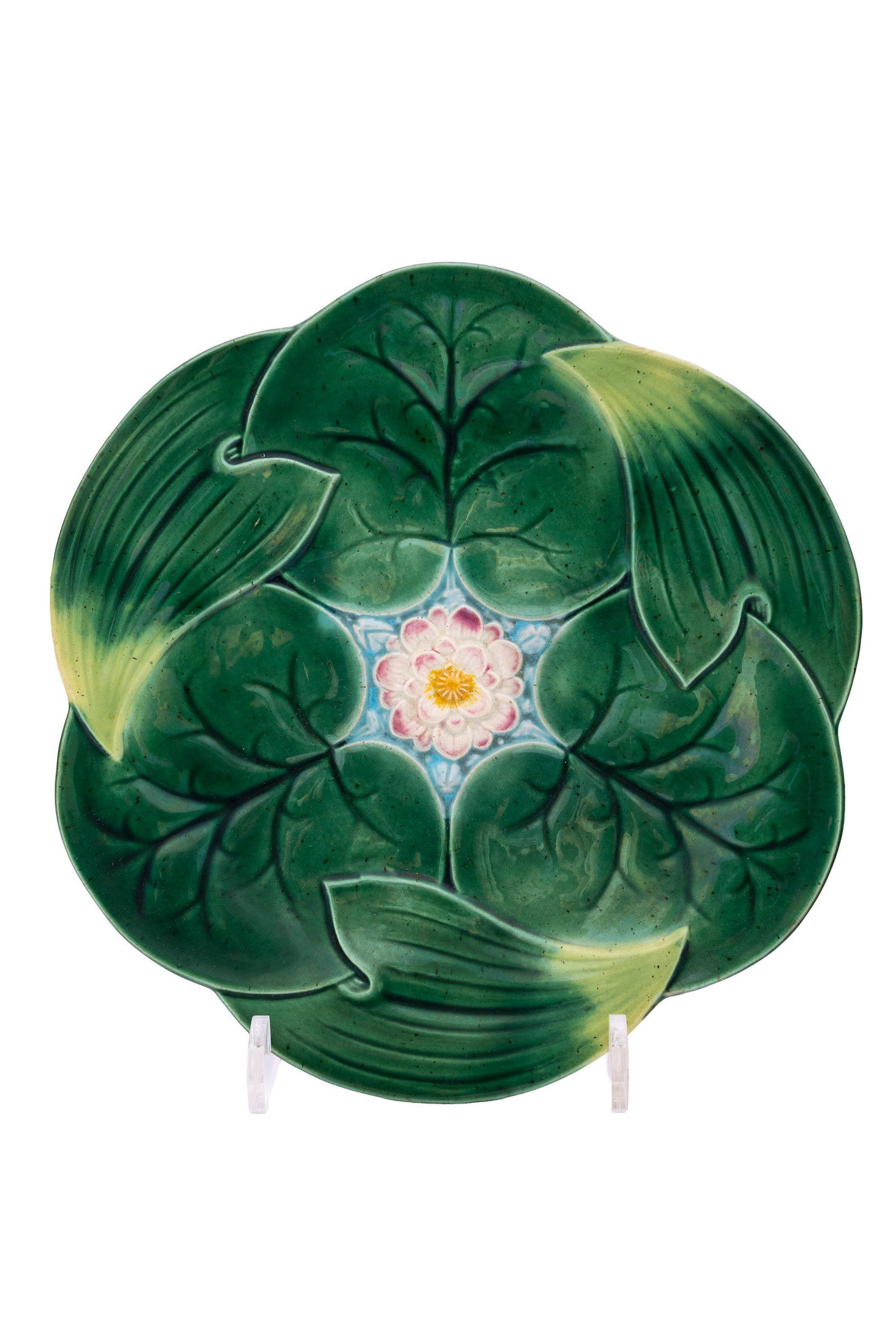Ensemble de 23 assiettes lotus et 1 coupe à fraises en majolique anglaise, George Jones, fin XI - 3
