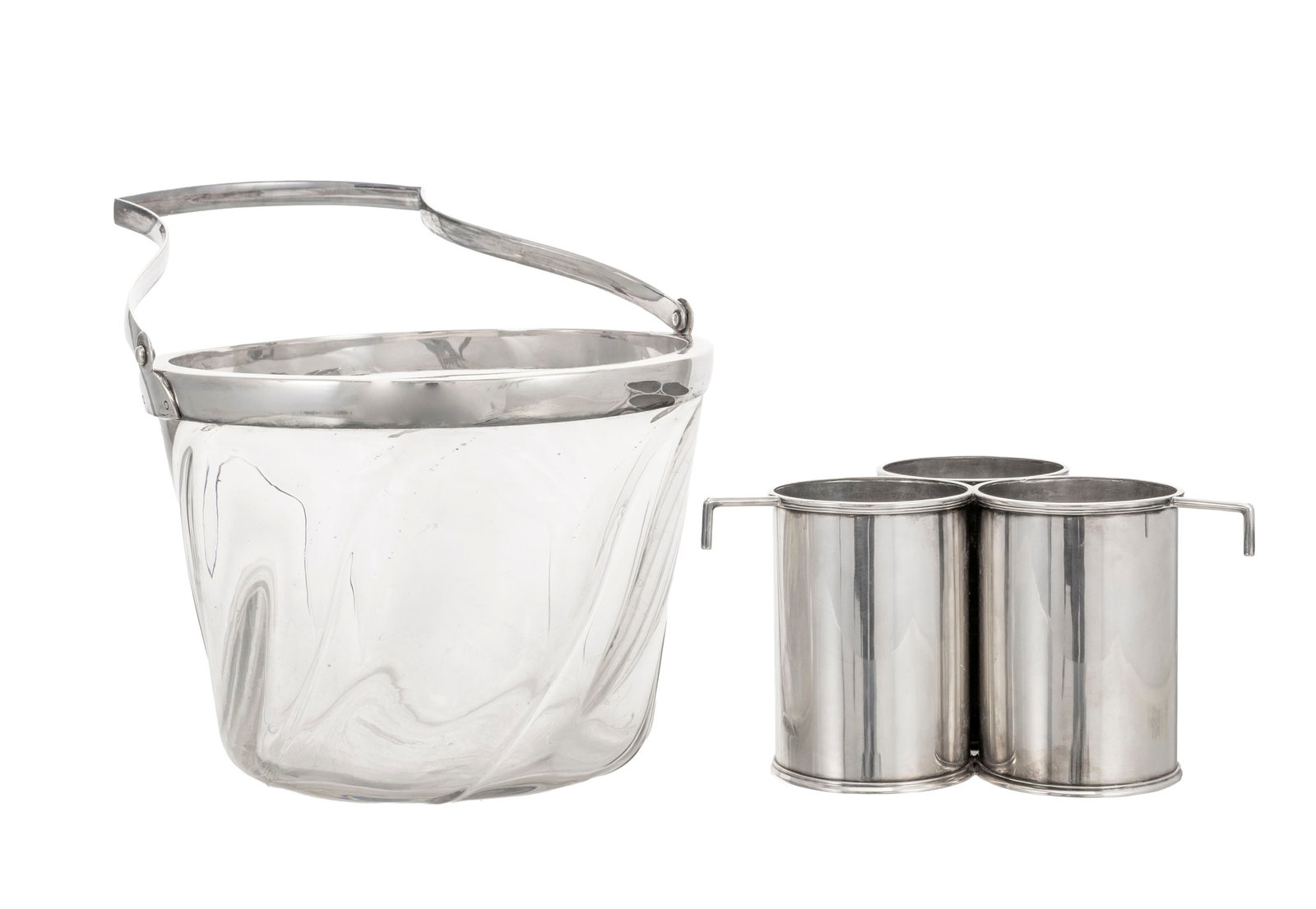 Grand seau à rafraîchir à anse pour 3 bouteilles en verre et métal argenté, - 3