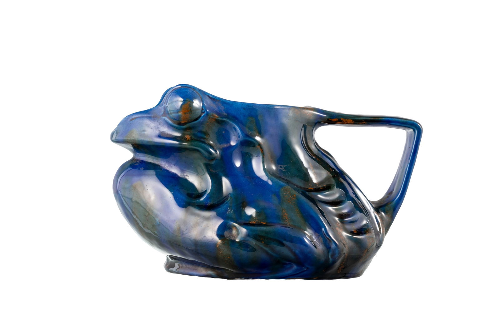 Pichet crapaud en céramique, à glaçure bleue et nuances orangées, XXe s., h. 14, - 2