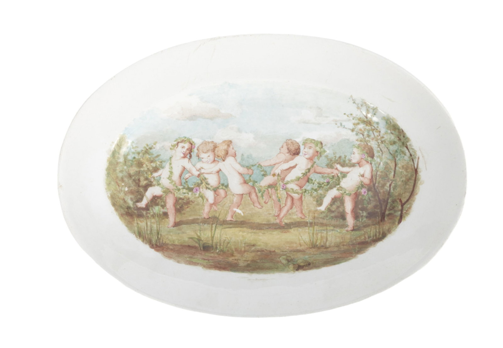 Plat en faïence, avec décor peint d'une ronde d'amours attribué à Léon Gaud: Plat en faïence, avec décor peint d'une ronde d'amours attribué à Léon Gaud, XIXe s., étiquette manuscrite au revers, long. 31 cm Condition manque au décor