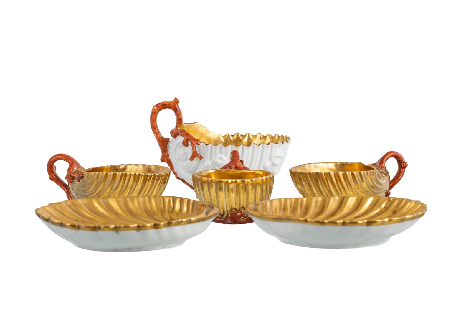 Ensemble de 3 tasses et 2 soucoupes or et anse effet corail, Dagoty et 1 tasse blanche, or et effet  - 2