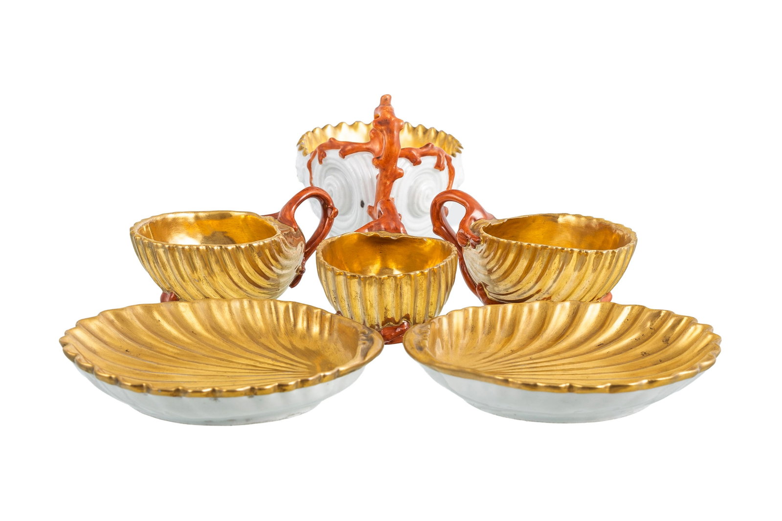 Ensemble de 3 tasses et 2 soucoupes or et anse effet corail, Dagoty et 1 tasse blanche, or et effet  - 3