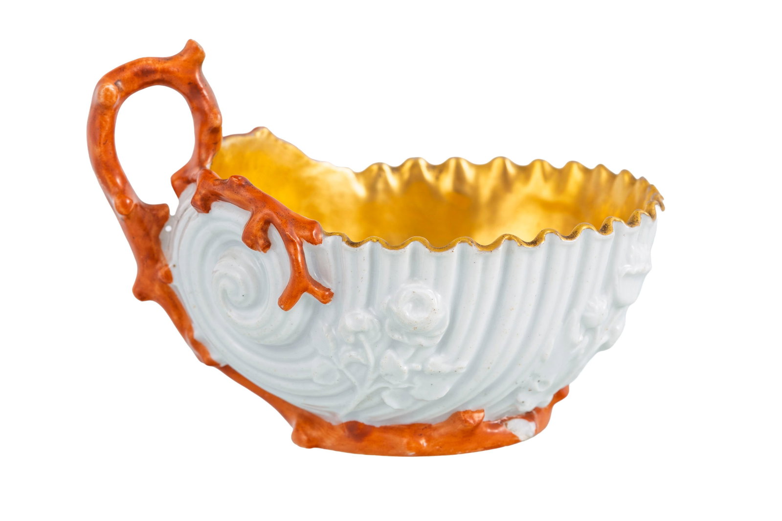 Ensemble de 3 tasses et 2 soucoupes or et anse effet corail, Dagoty et 1 tasse blanche, or et effet  - 6