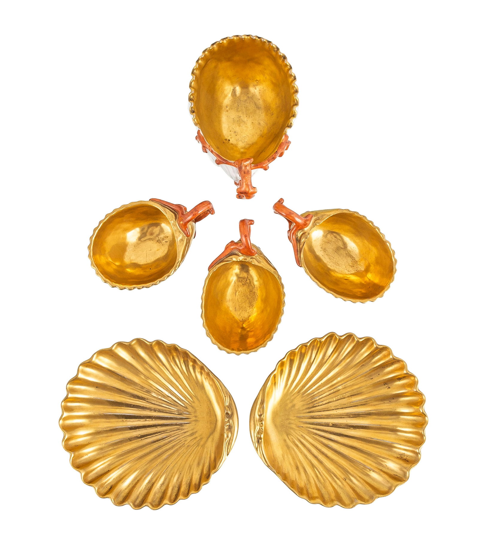 Ensemble de 3 tasses et 2 soucoupes or et anse effet corail, Dagoty et 1 tasse blanche, or et effet  - 8