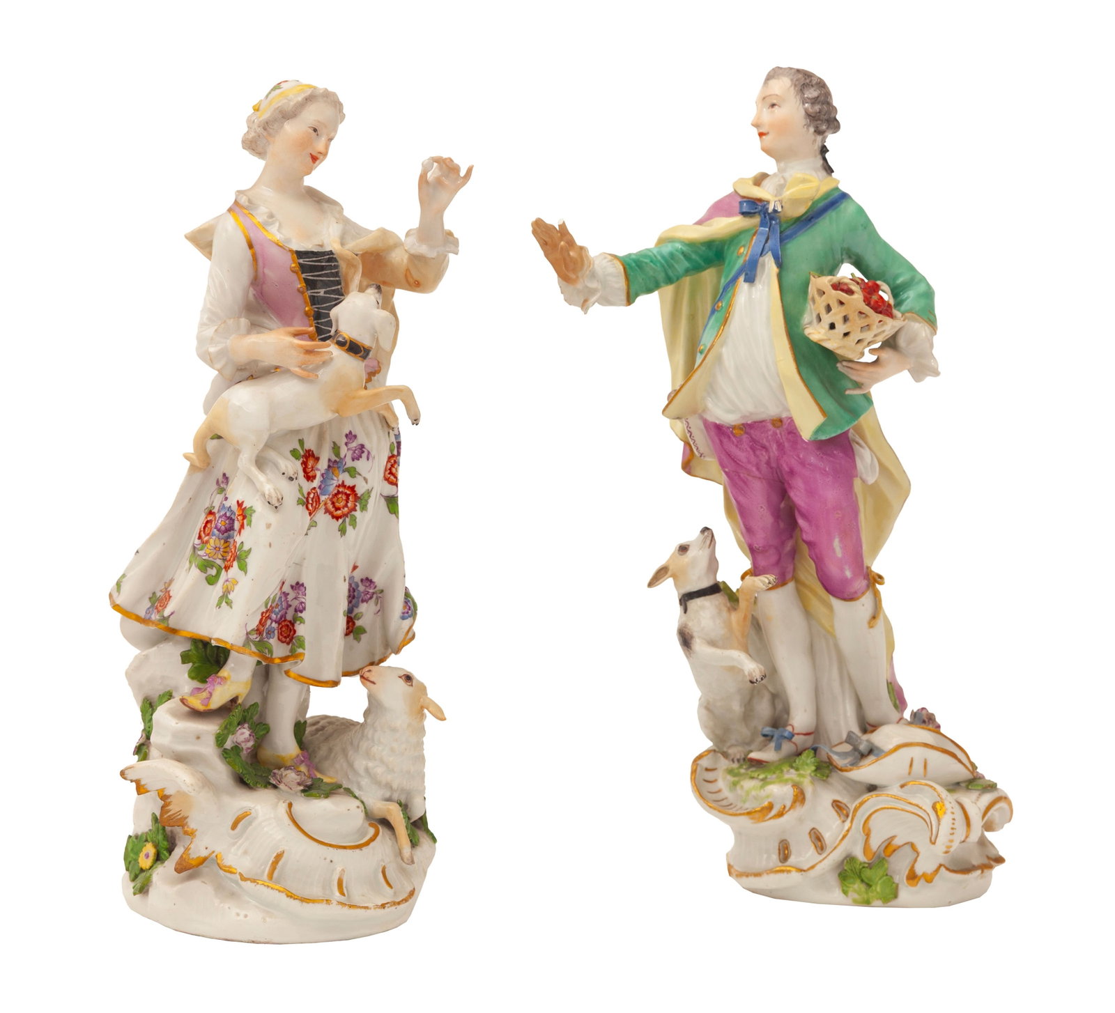 Meissen. Berger et bergère en porcelaine, XIXe s., h. 26,5 et 27,5 cm: Meissen. Berger et bergère en porcelaine, XIXe s., h. 26,5 et 27,5 cm Condition manques et restaurations
