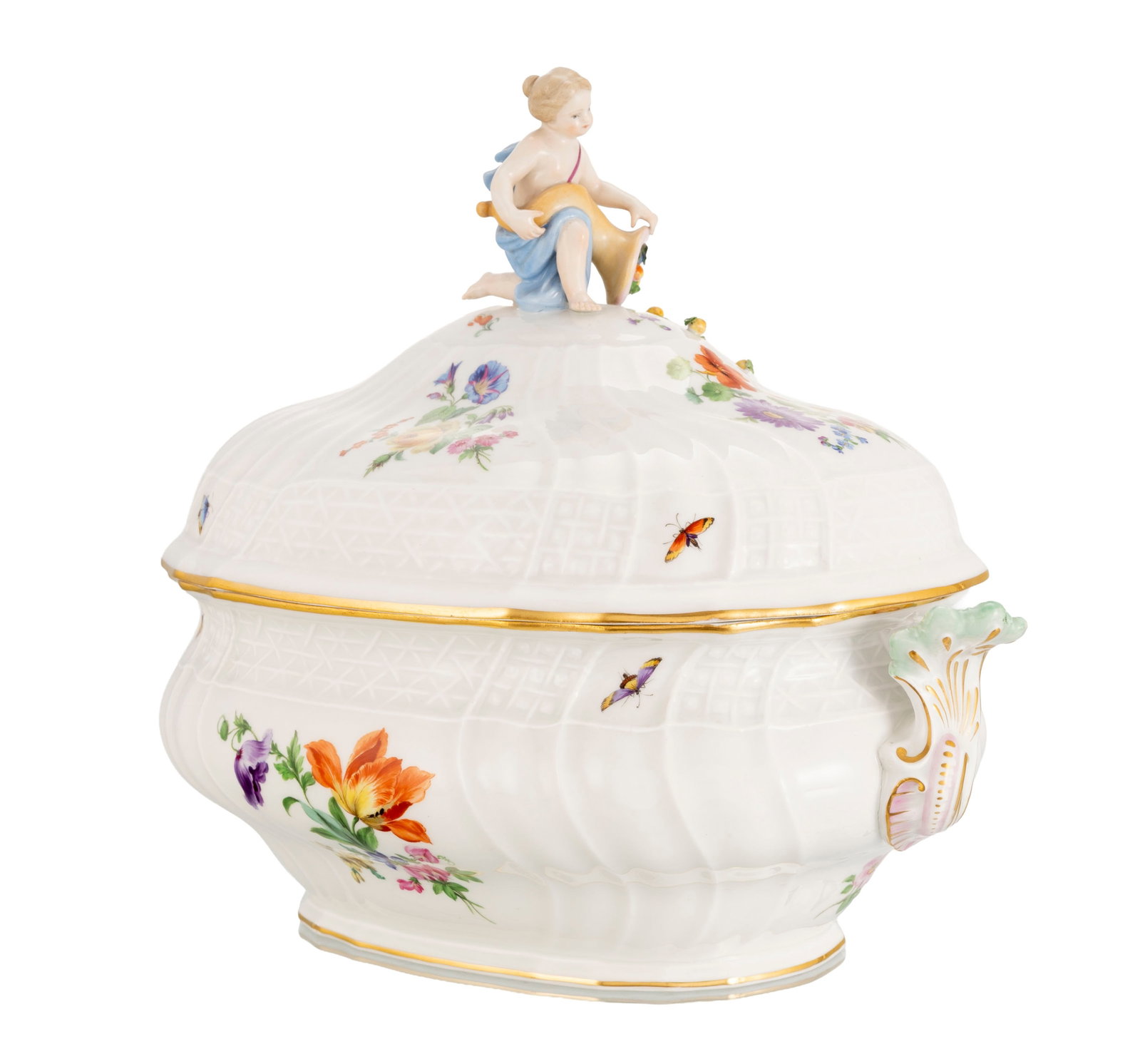 Meissen. Soupière ovale en porcelaine, XIXe s., à décor de fleurs polychrome et prise - 2