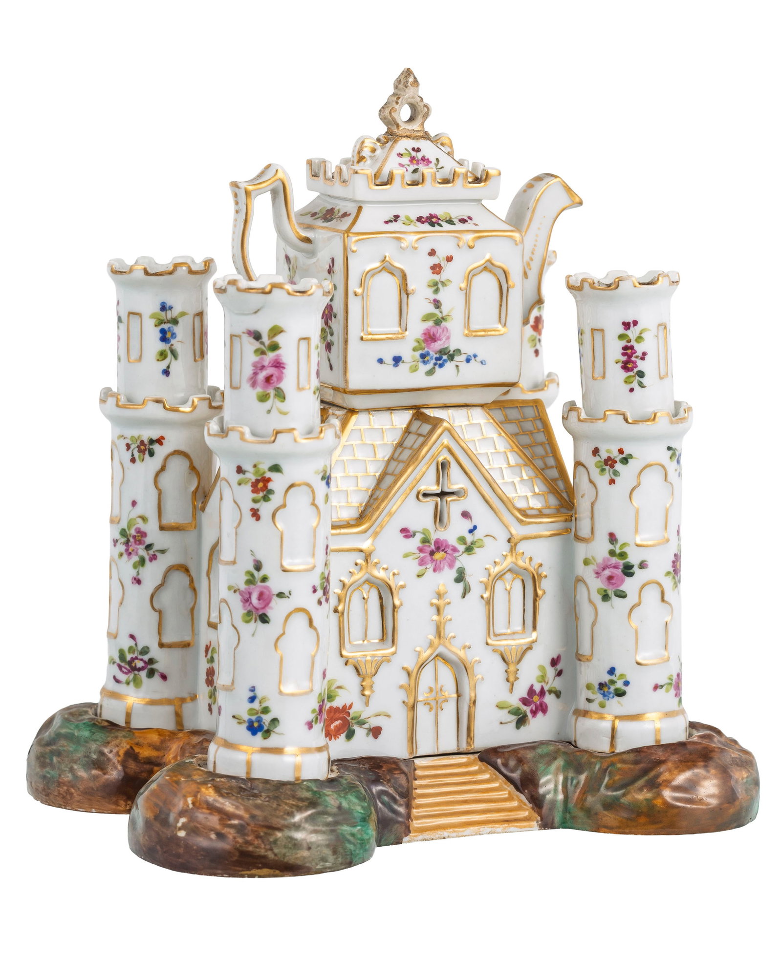 Jacob Petit. Tisanière en porcelaine, Paris, XIXe s., en forme de château surmonté de: Jacob Petit. Tisanière en porcelaine, Paris, XIXe s., en forme de château surmonté de la théière, à décor de fleurs et rehauts or, h. 23 cm Condition prise de la
